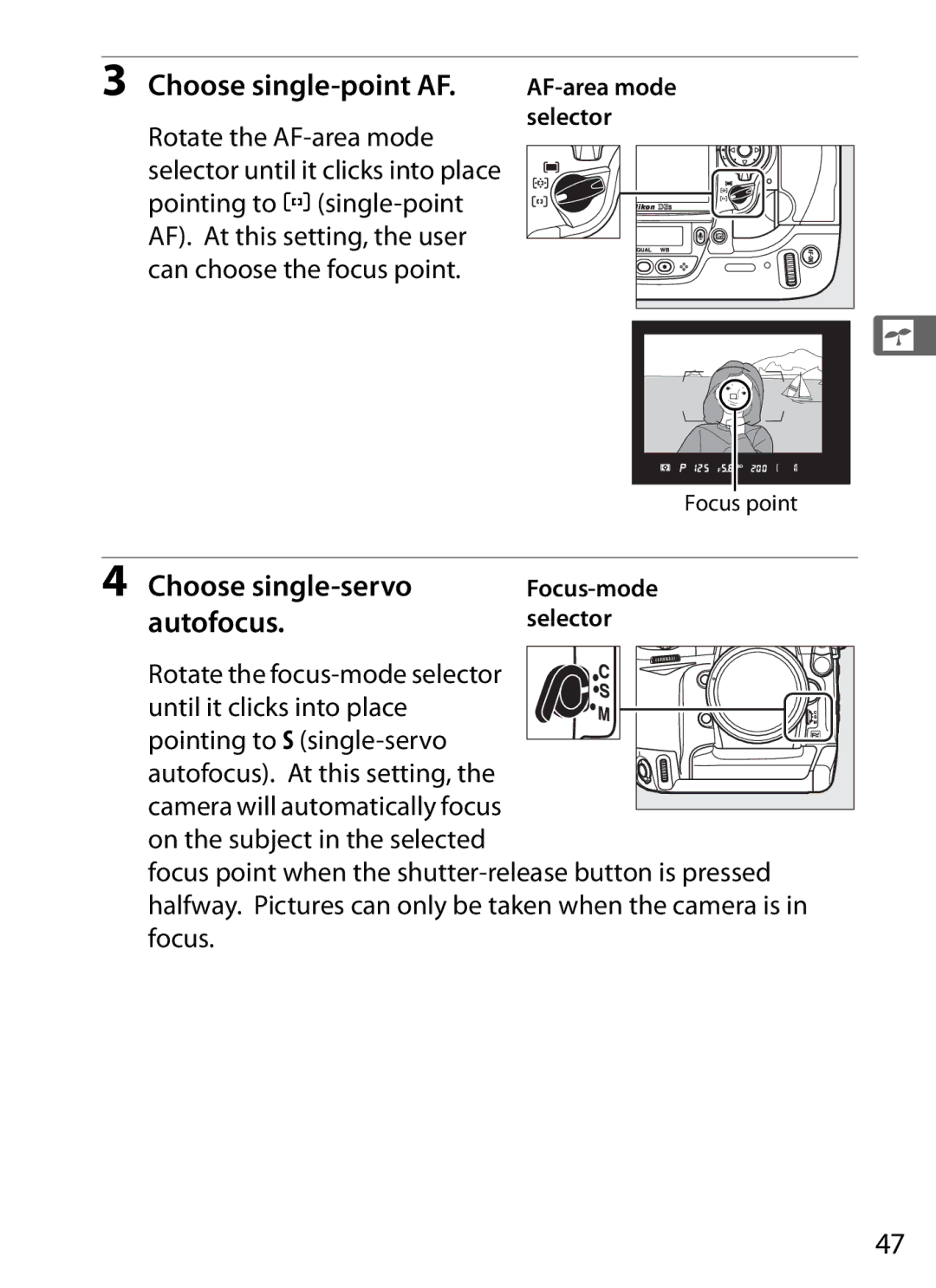 Nikon 6MB07411-03 user manual Choose single-point AF, Choose single-servo, Autofocus, Selector 