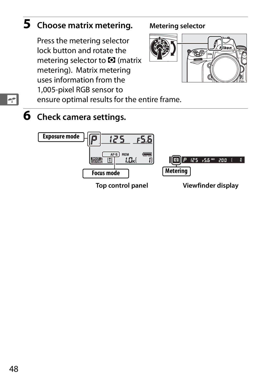 Nikon 6MB07411-03 user manual Choose matrix metering, Check camera settings, Exposure mode, Top control panel 