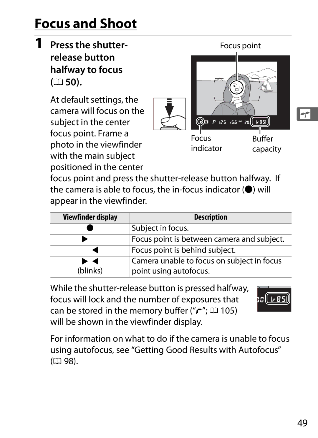 Nikon 6MB07411-03 user manual Focus and Shoot, Press the shutter, Release button Halfway to focus, Photo in the viewfinder 