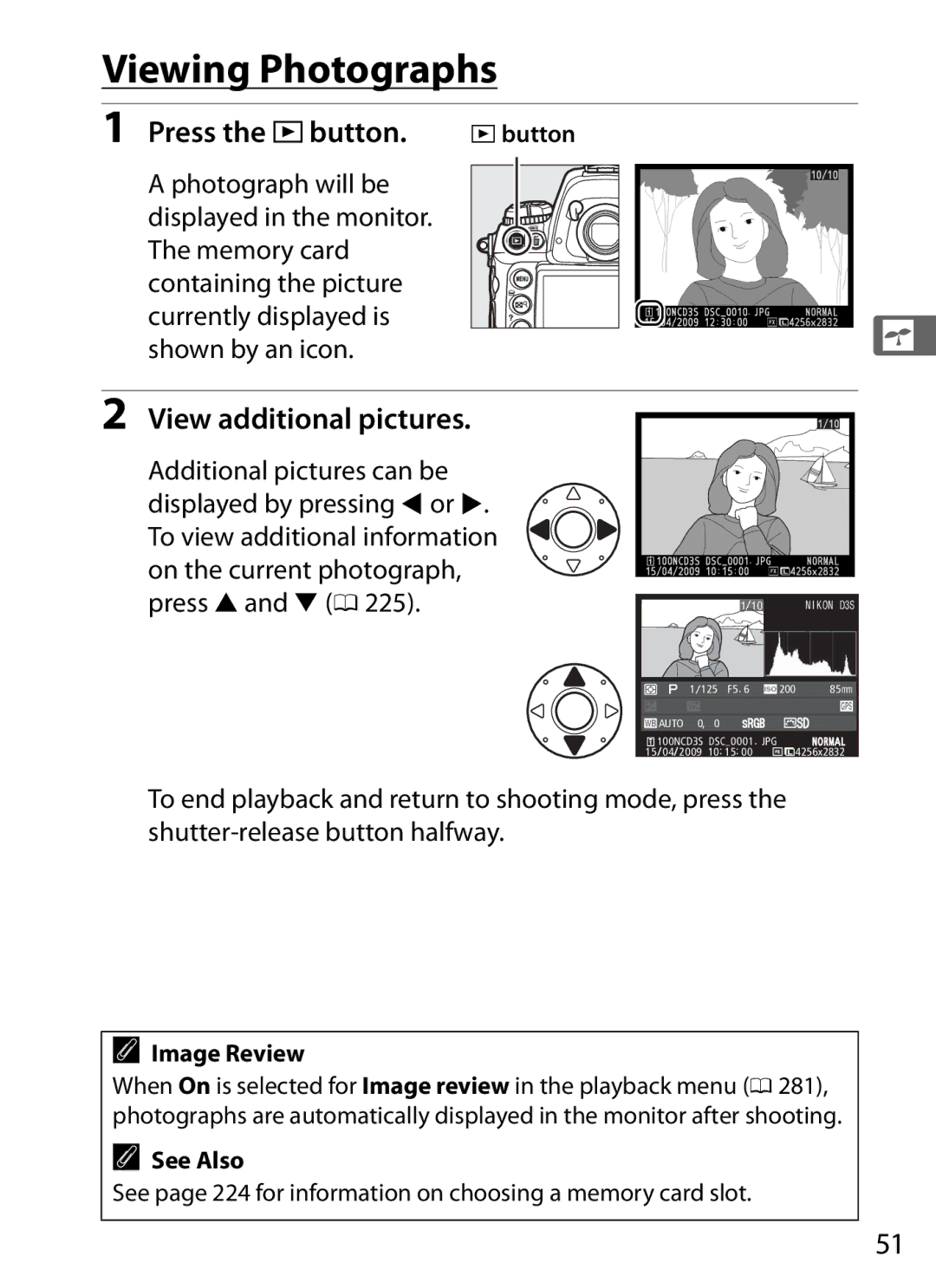 Nikon 6MB07411-03 user manual Viewing Photographs, Press the Kbutton. Kbutton, View additional pictures, Image Review 