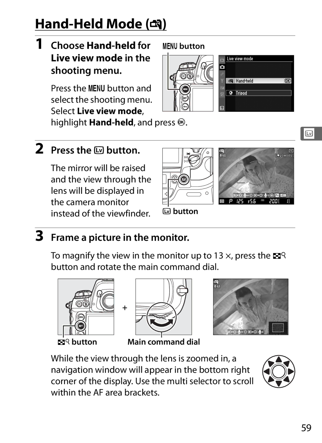 Nikon 6MB07411-03 user manual Hand-Held Mode g, Frame a picture in the monitor 