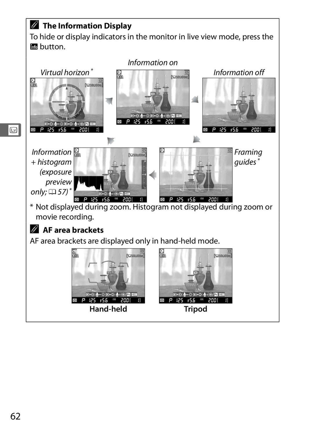 Nikon 6MB07411-03 Information Display, AF area brackets are displayed only in hand-held mode, Hand-heldTripod 