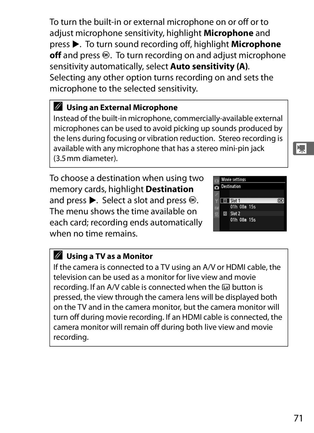 Nikon 6MB07411-03 user manual Using an External Microphone, Using a TV as a Monitor 