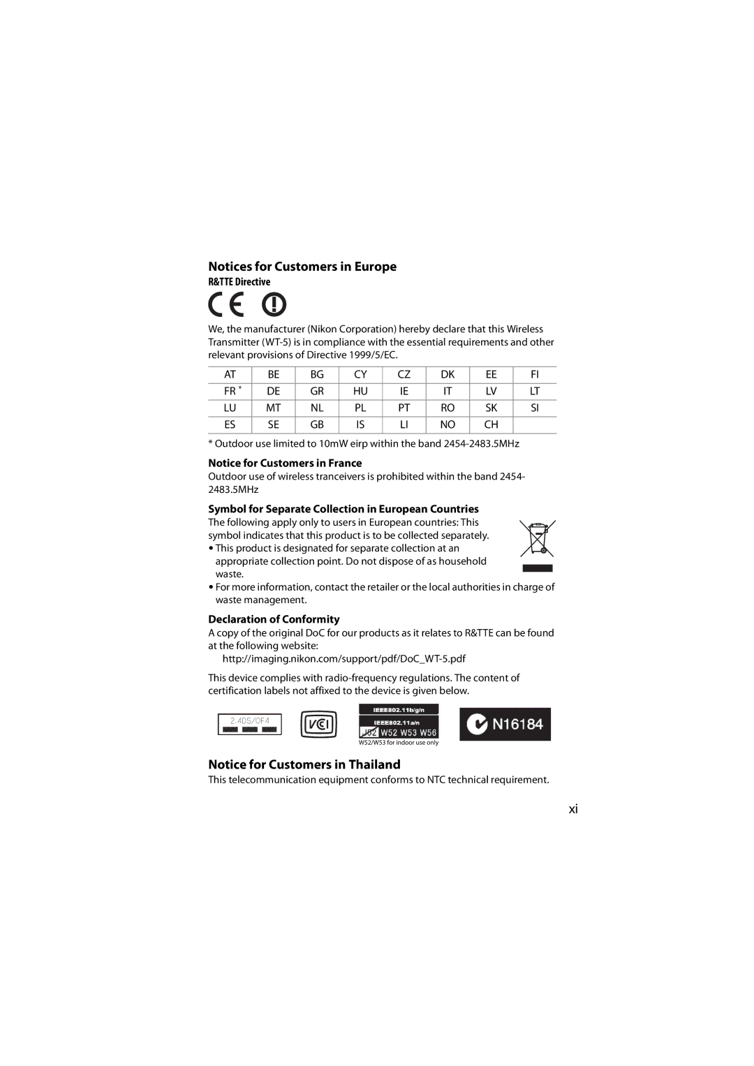 Nikon 6MWA0711-01 TTE Directive, Symbol for Separate Collection in European Countries, Declaration of Conformity 