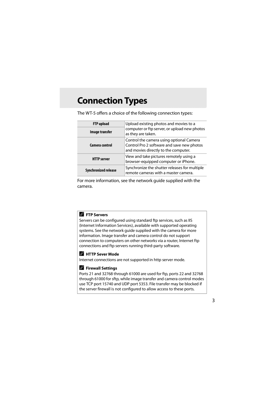 Nikon 6MWA0711-01 user manual Connection Types, FTP upload, FTP Servers, Http Sever Mode, Firewall Settings 