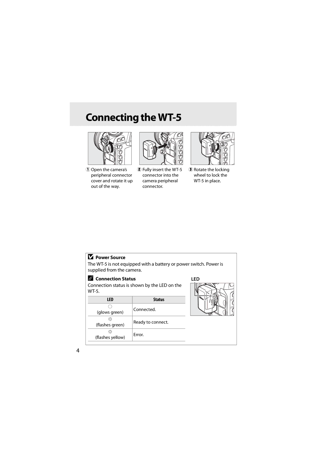 Nikon 6MWA0711-01 user manual Connecting the WT-5, Power Source, Connection Status 