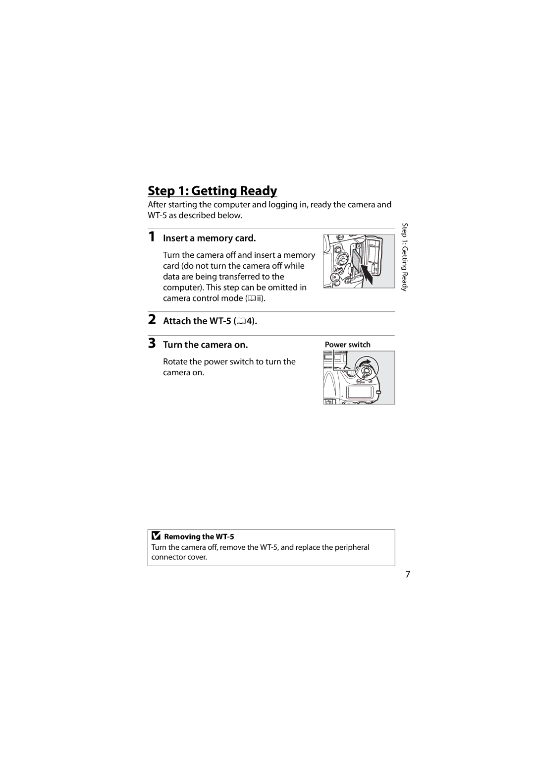 Nikon 6MWA0711-01 user manual Insert a memory card, Attach the WT-5 Turn the camera on, Removing the WT-5 