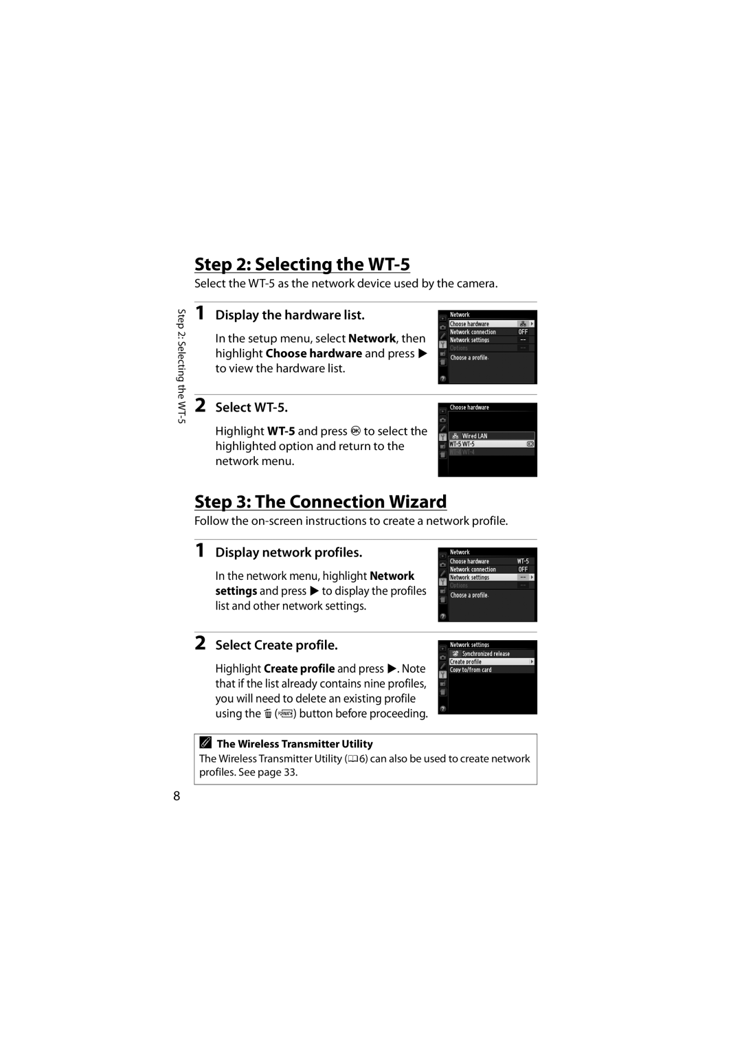 Nikon 6MWA0711-01 user manual Display the hardware list, Select WT-5, Display network profiles, Select Create profile 