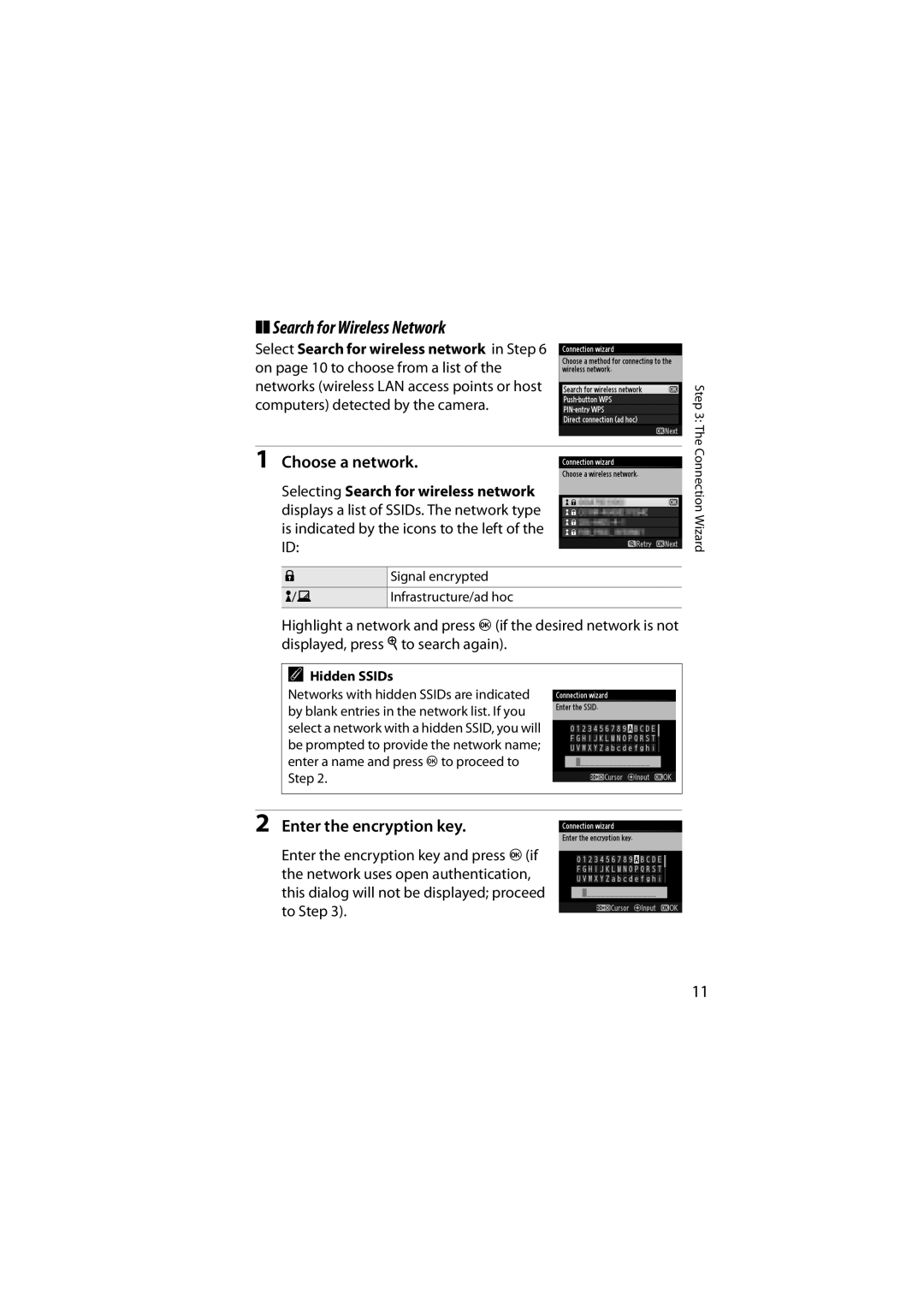 Nikon 6MWA0711-01 user manual Search for Wireless Network, Choose a network, Enter the encryption key, Hidden SSIDs 