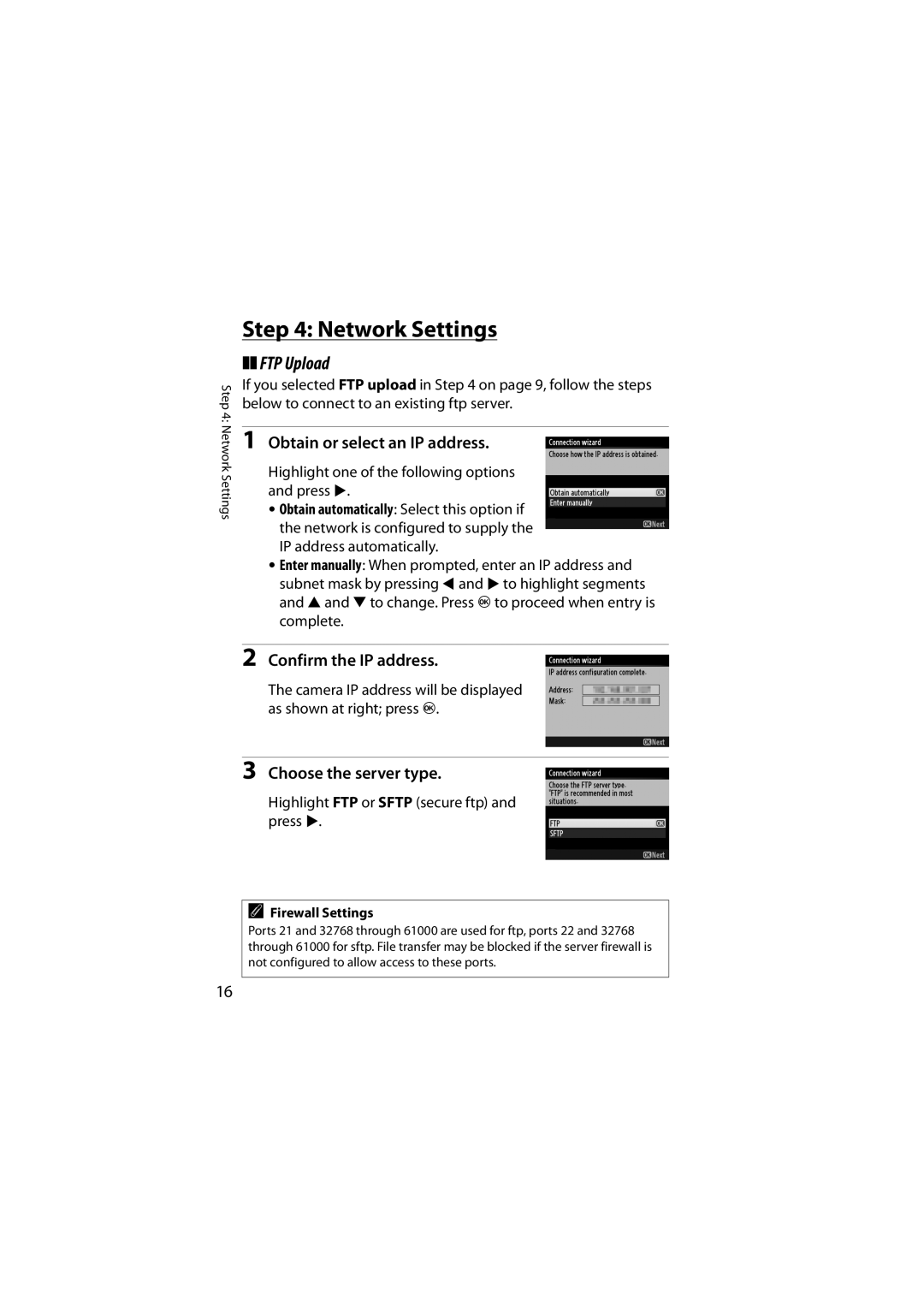 Nikon 6MWA0711-01 user manual FTP Upload, Obtain or select an IP address, Confirm the IP address, Choose the server type 