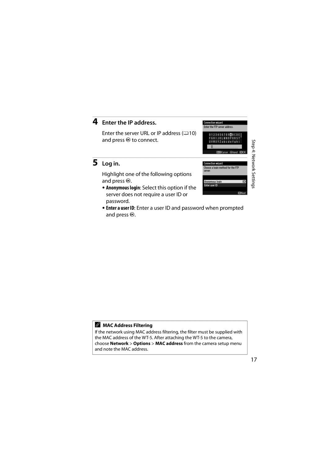 Nikon 6MWA0711-01 user manual Enter the IP address, Log, MAC Address Filtering 