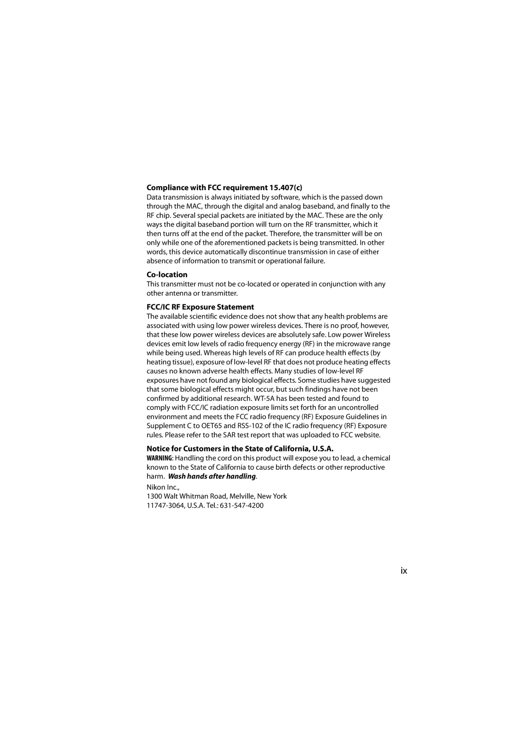 Nikon 6MWA0711-01 user manual Compliance with FCC requirement 15.407c, Co-location, FCC/IC RF Exposure Statement 