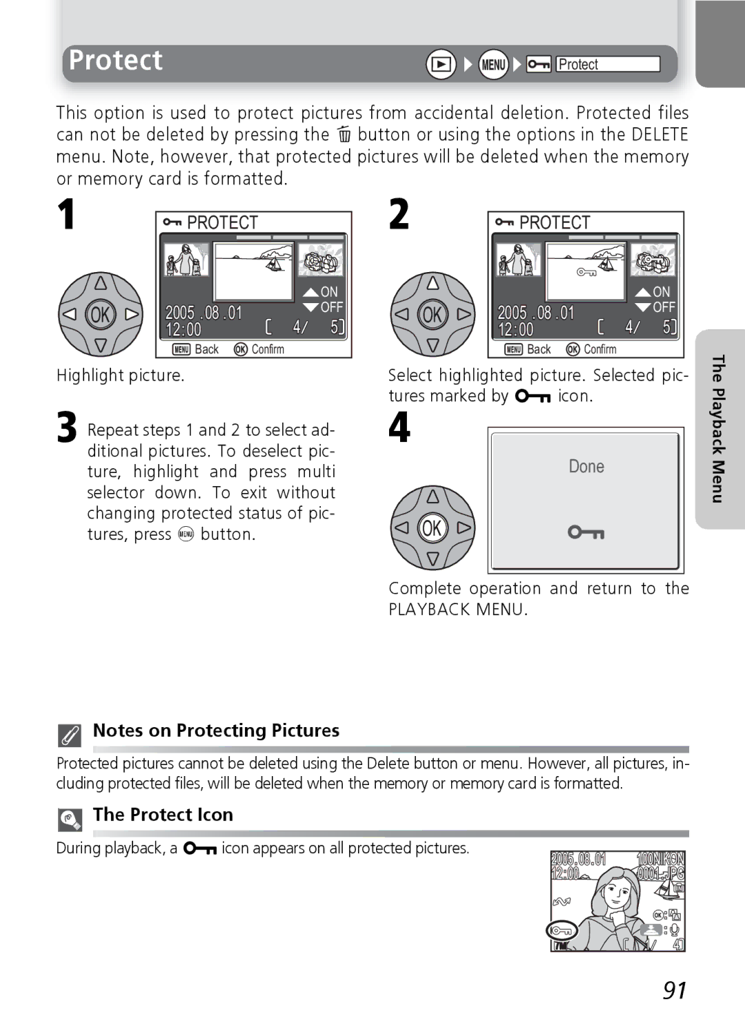 Nikon 7600 manual Tures marked by U icon, Complete operation and return to, Protect Icon 