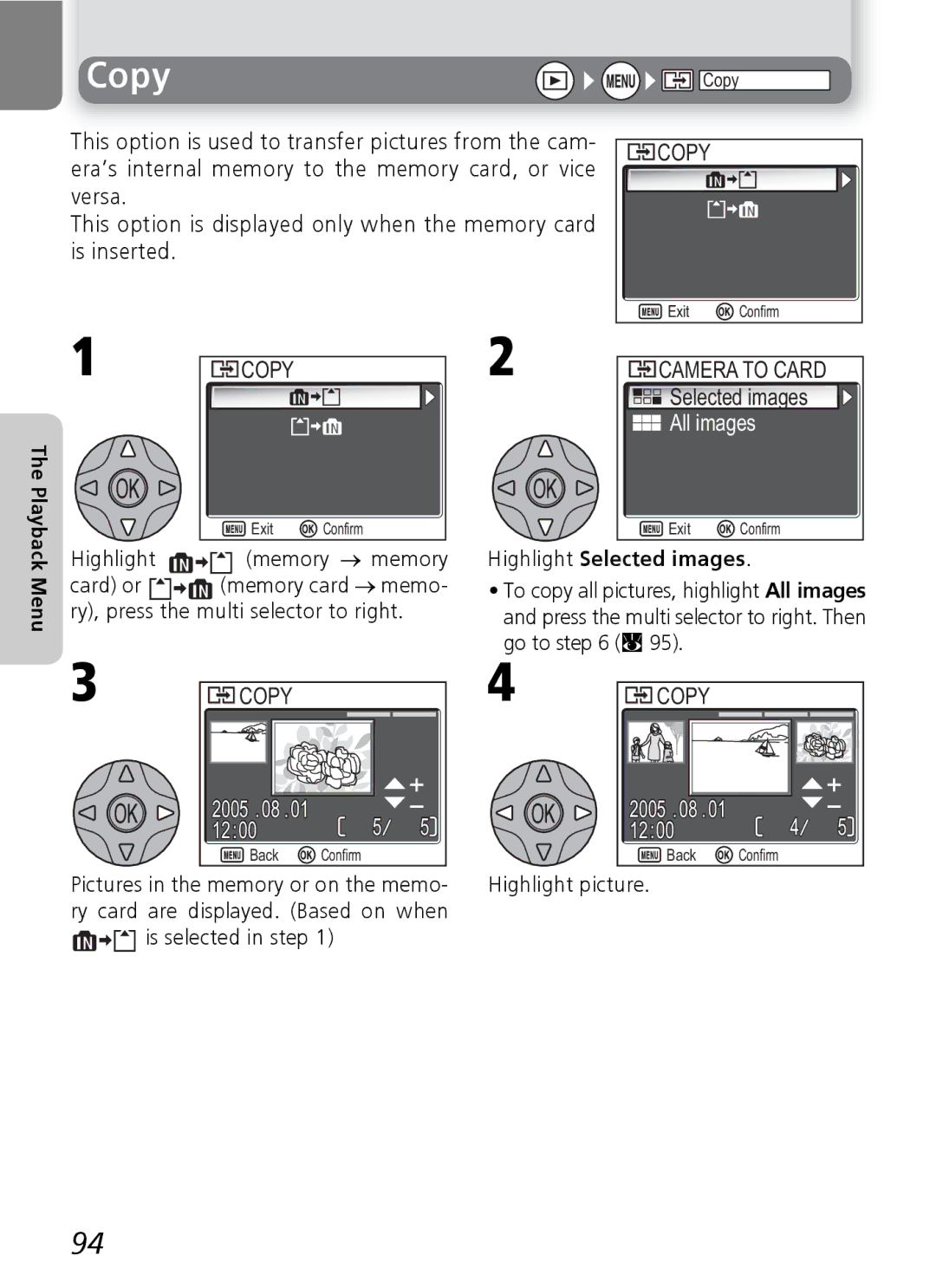 Nikon 7600 manual Copy Camera to Card, All images, Highlight Selected images 