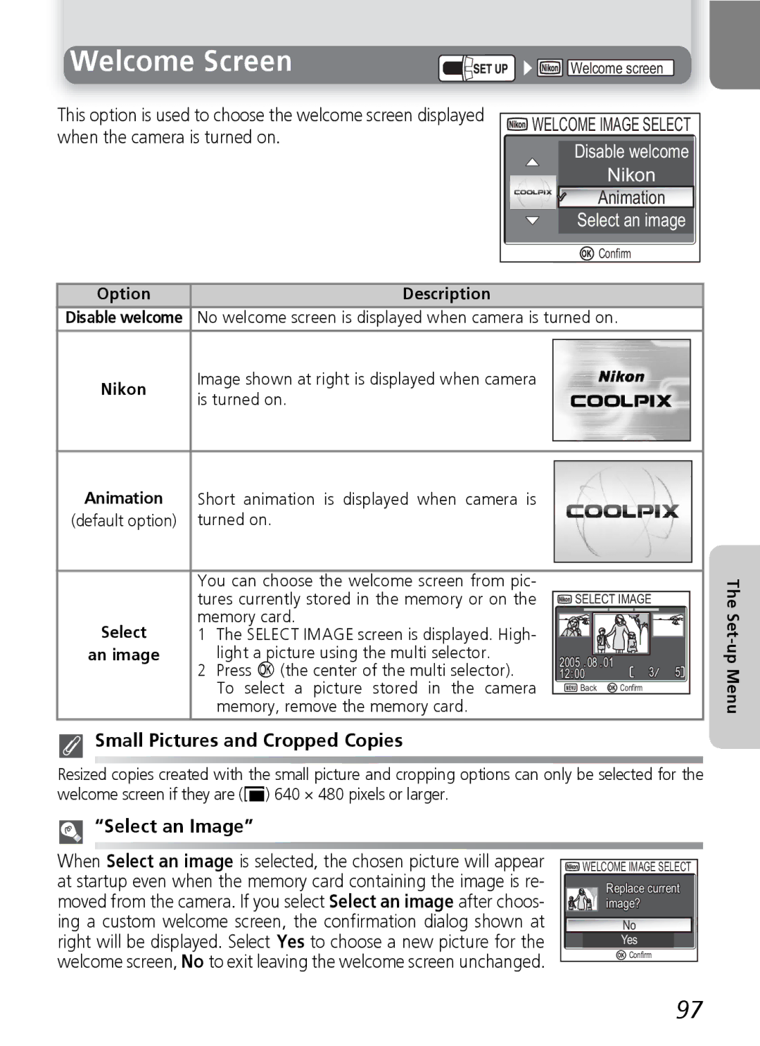 Nikon 7600 manual Welcome Screen, Nikon, Small Pictures and Cropped Copies, Select an Image 