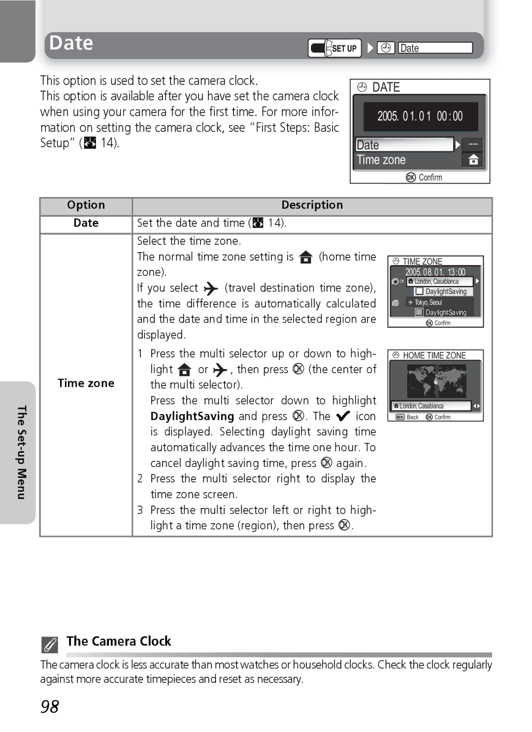 Nikon 7600 manual Time zone, Camera Clock, Set-up Menu Option Description Date Set the date and time Q 