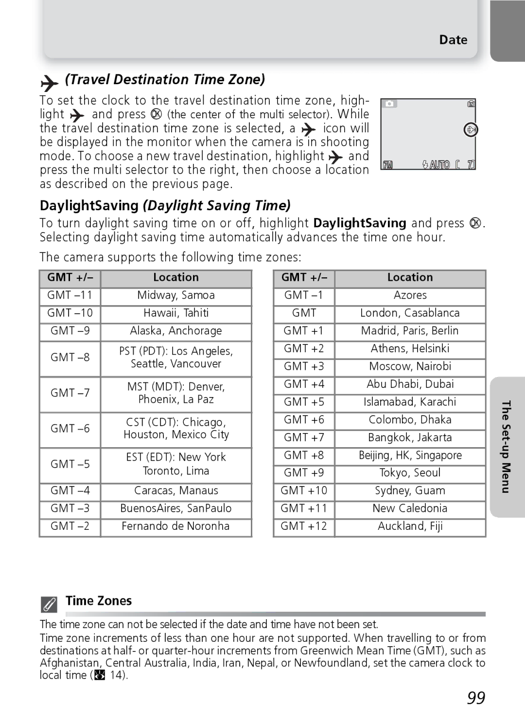 Nikon 7600 manual To set the clock to the travel destination time zone, high, Time Zones, GMT + Location 