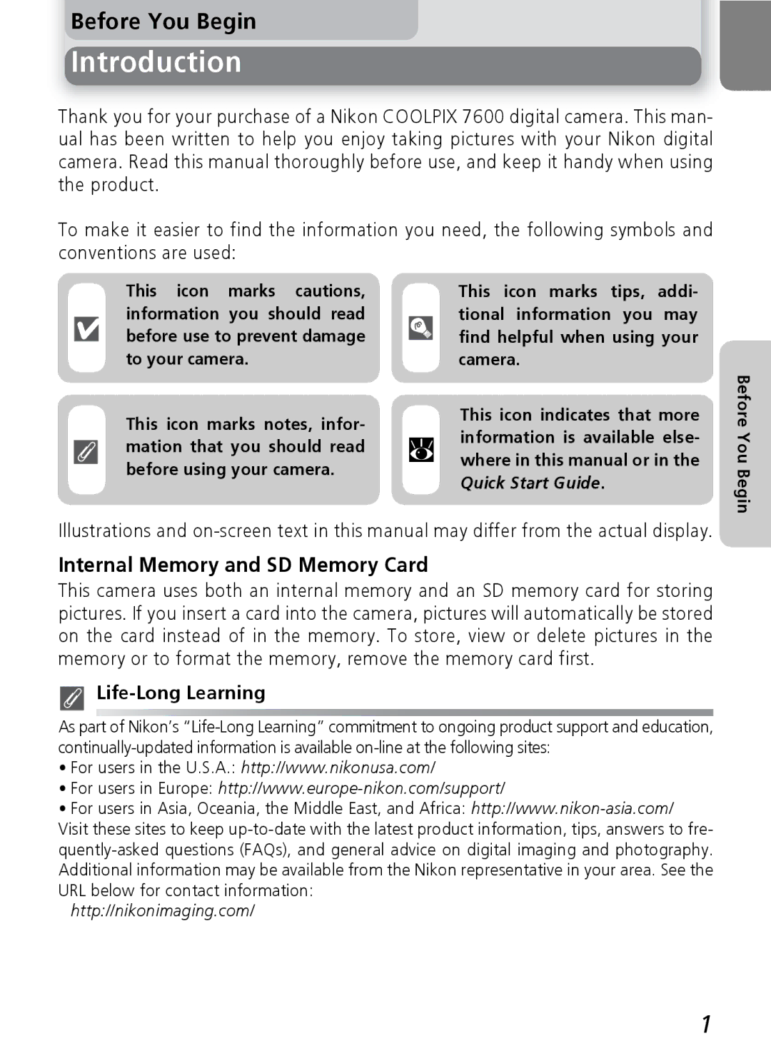 Nikon 7600 manual Introduction, Internal Memory and SD Memory Card, Life-Long Learning, Before You Begin 