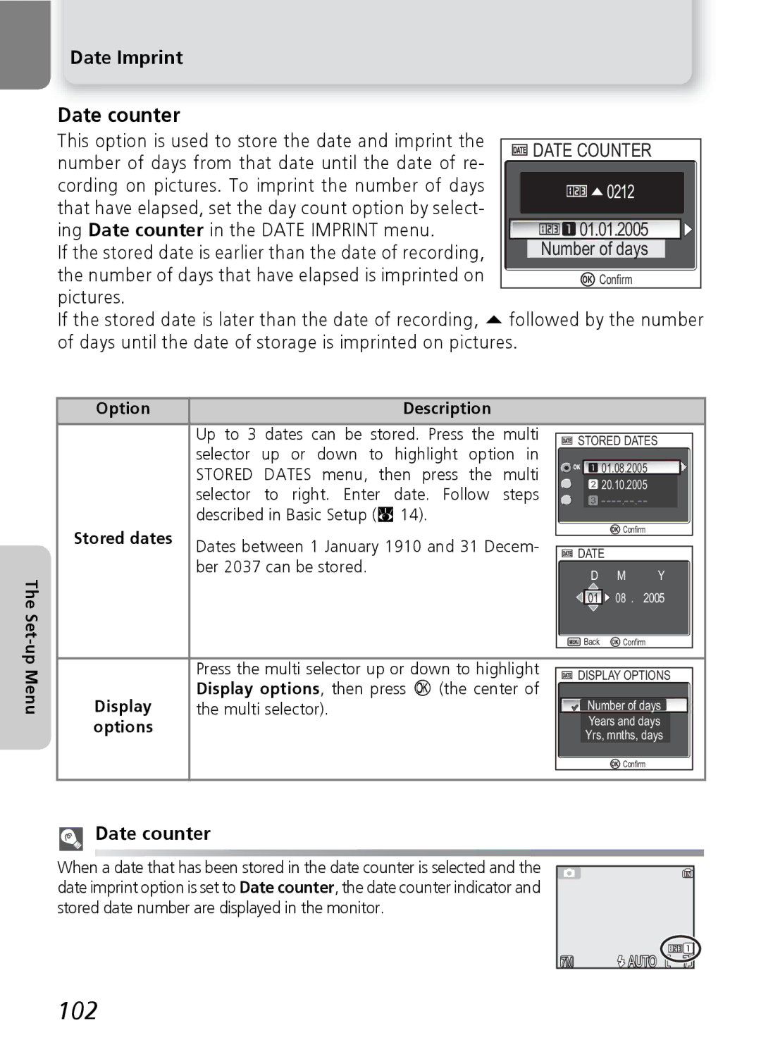 Nikon 7600 manual 102, Date counter, Set-up Menu Option Description 