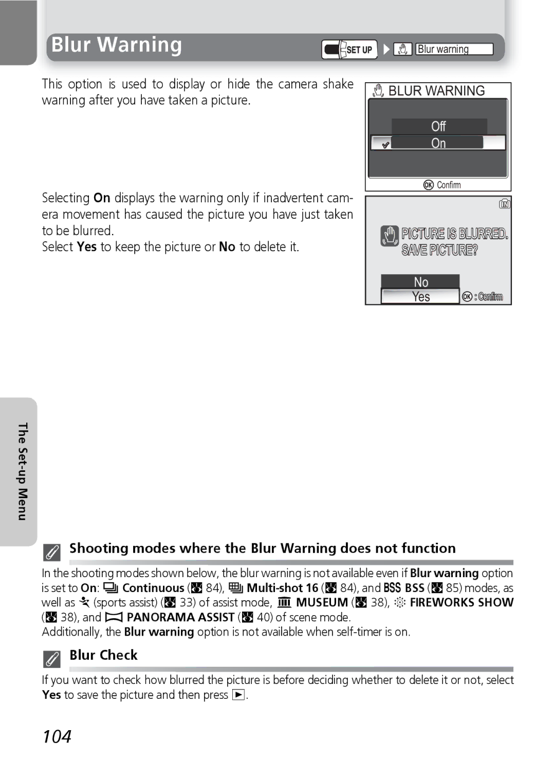 Nikon 7600 manual 104, Shooting modes where the Blur Warning does not function, Blur Check 