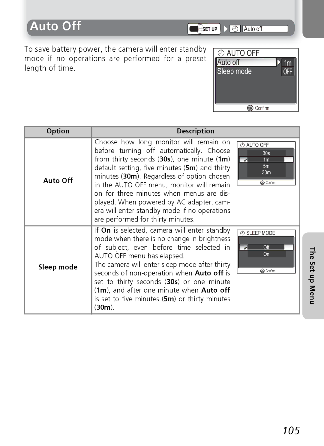 Nikon 7600 manual Auto Off, 105, Auto OFF, Sleep mode 