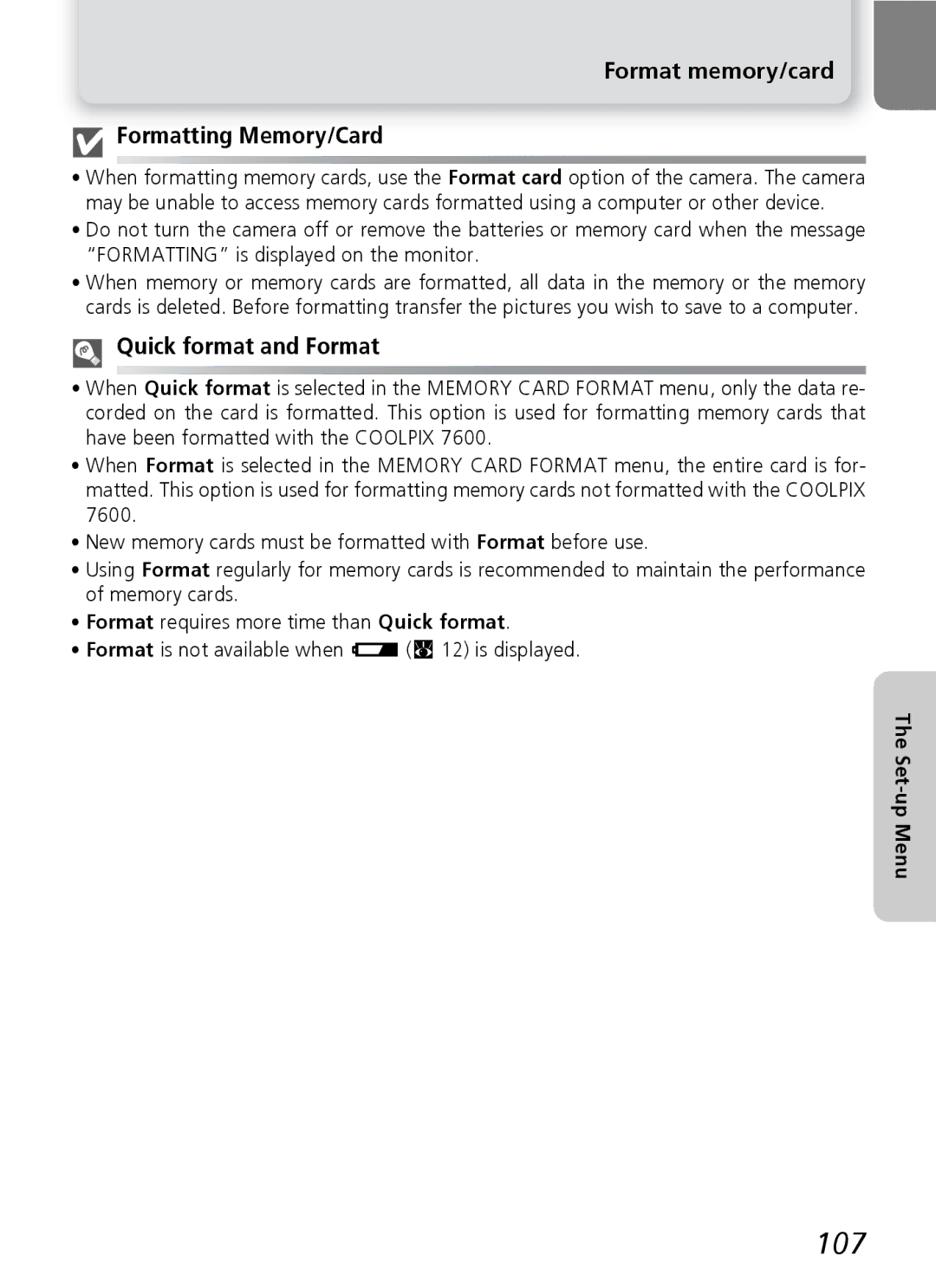 Nikon 7600 manual 107, Format memory/card Formatting Memory/Card, Quick format and Format 