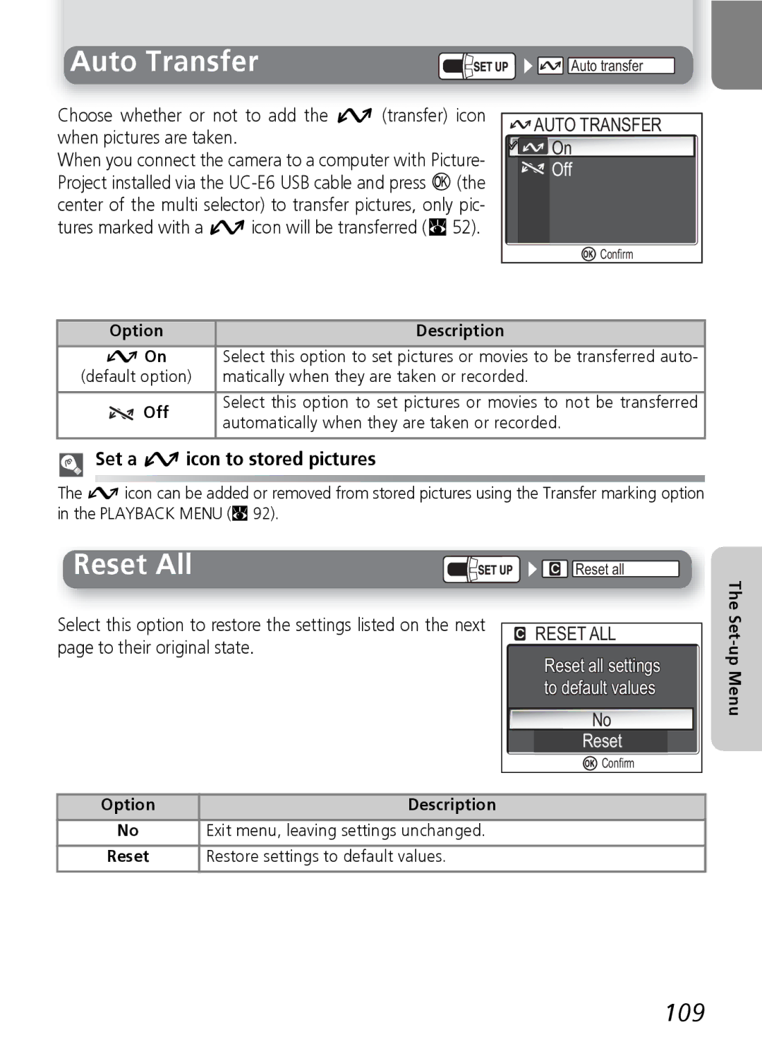 Nikon 7600 manual Auto Transfer, Reset All, 109, Set a V icon to stored pictures 