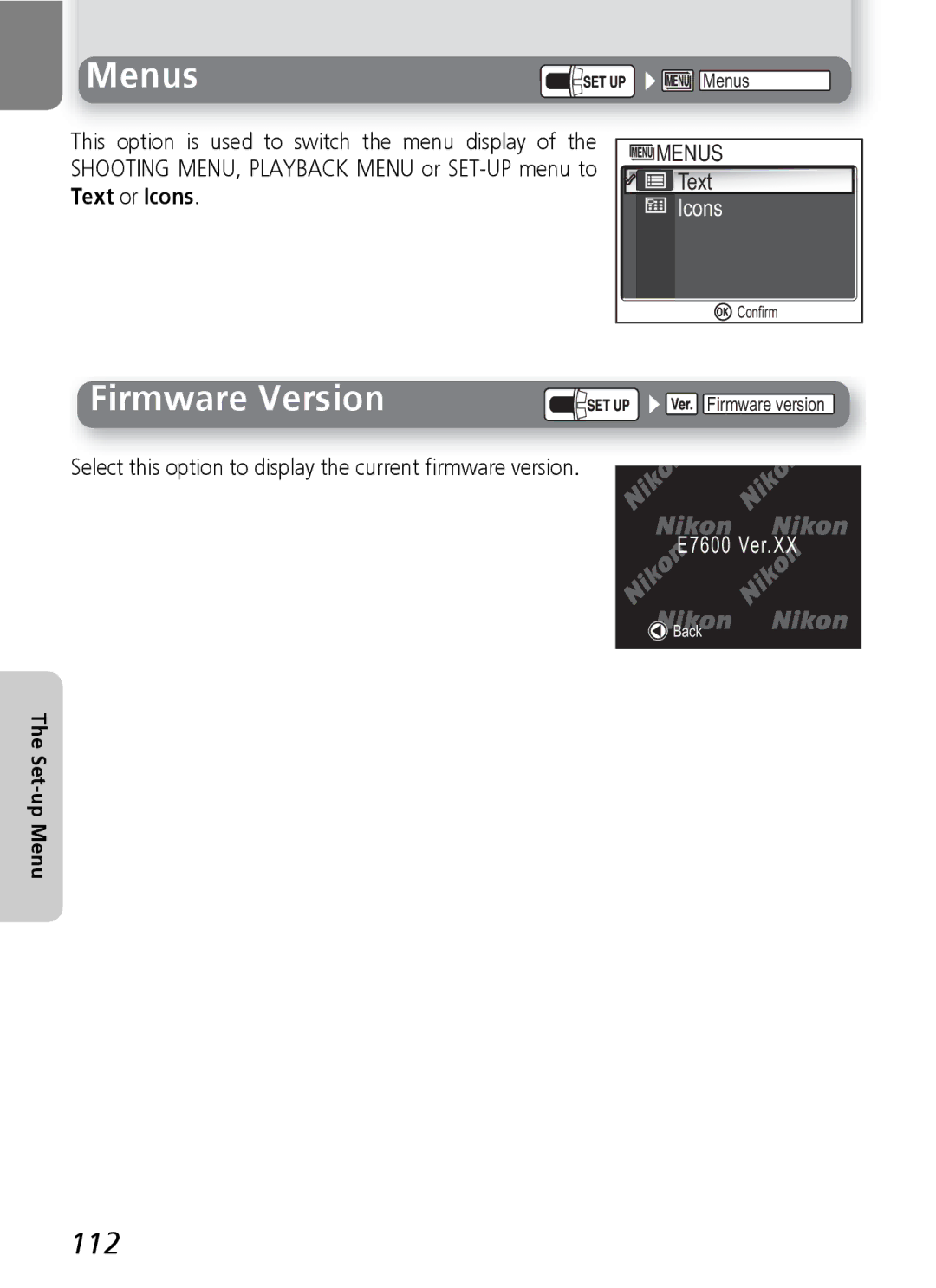 Nikon 7600 manual Menus, Firmware Version, 112, Text or Icons 