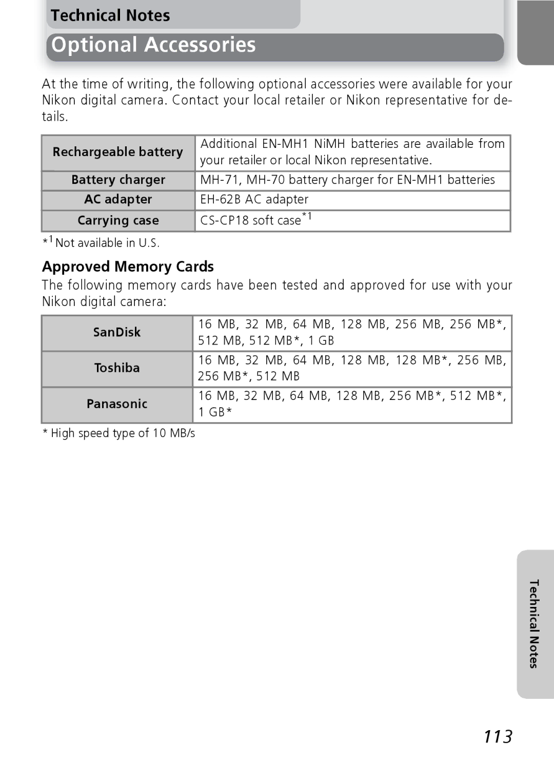 Nikon 7600 manual Optional Accessories, 113, Approved Memory Cards 