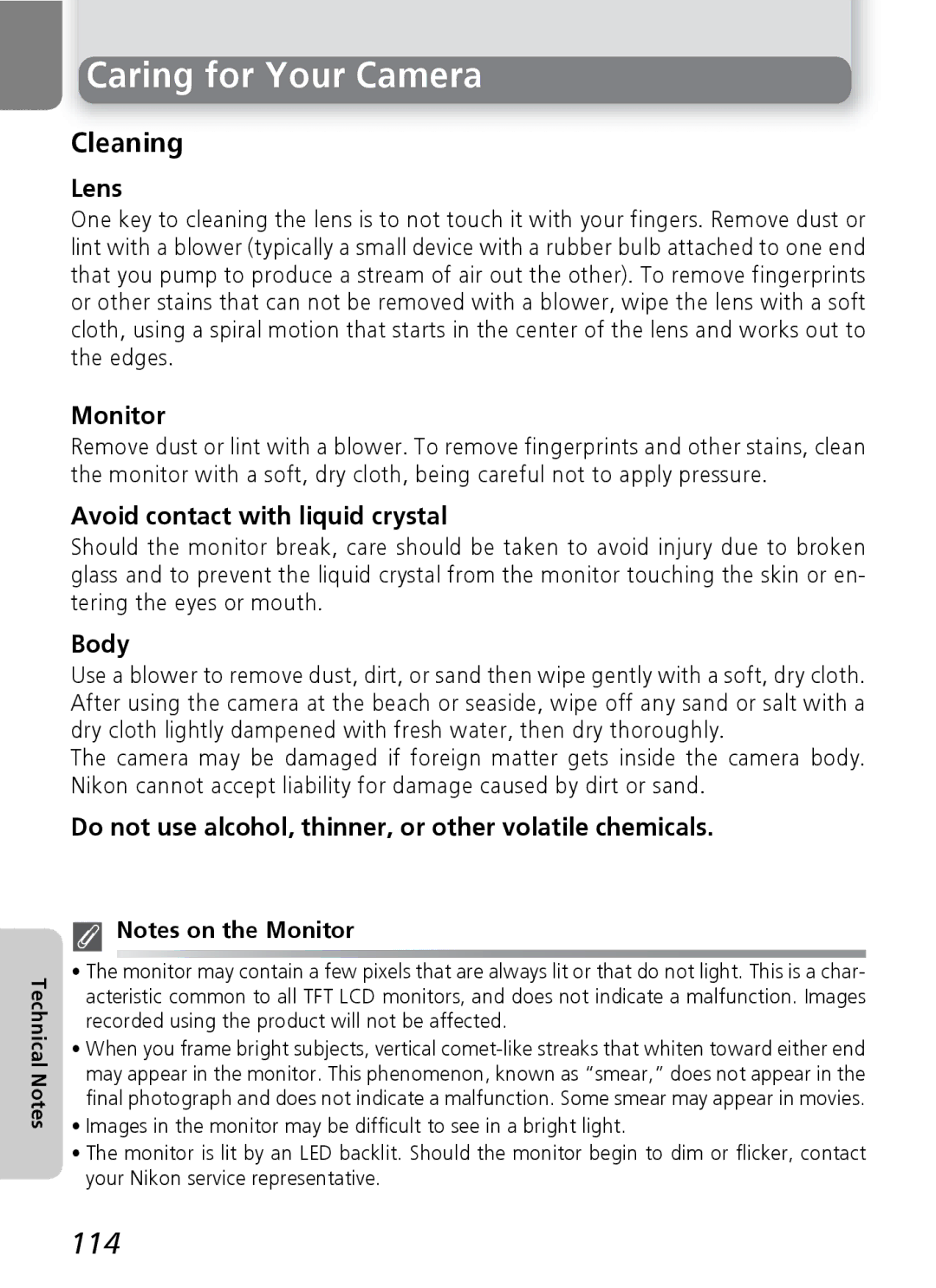 Nikon 7600 manual Caring for Your Camera, 114 