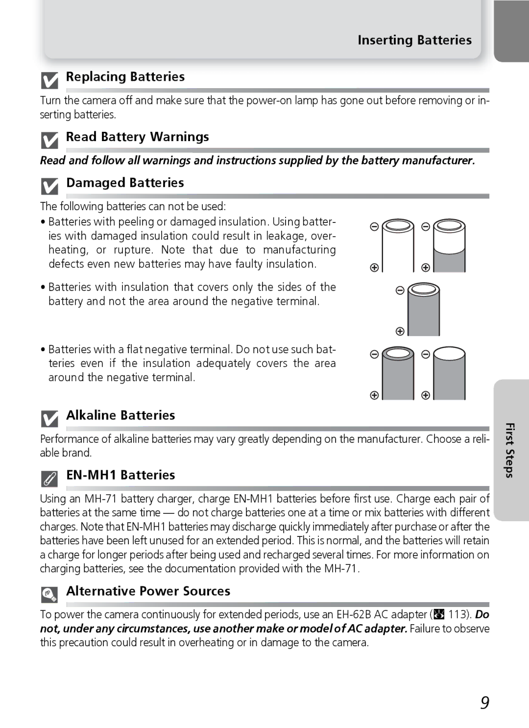 Nikon 7600 manual Inserting Batteries Replacing Batteries, Read Battery Warnings, Damaged Batteries, Alkaline Batteries 