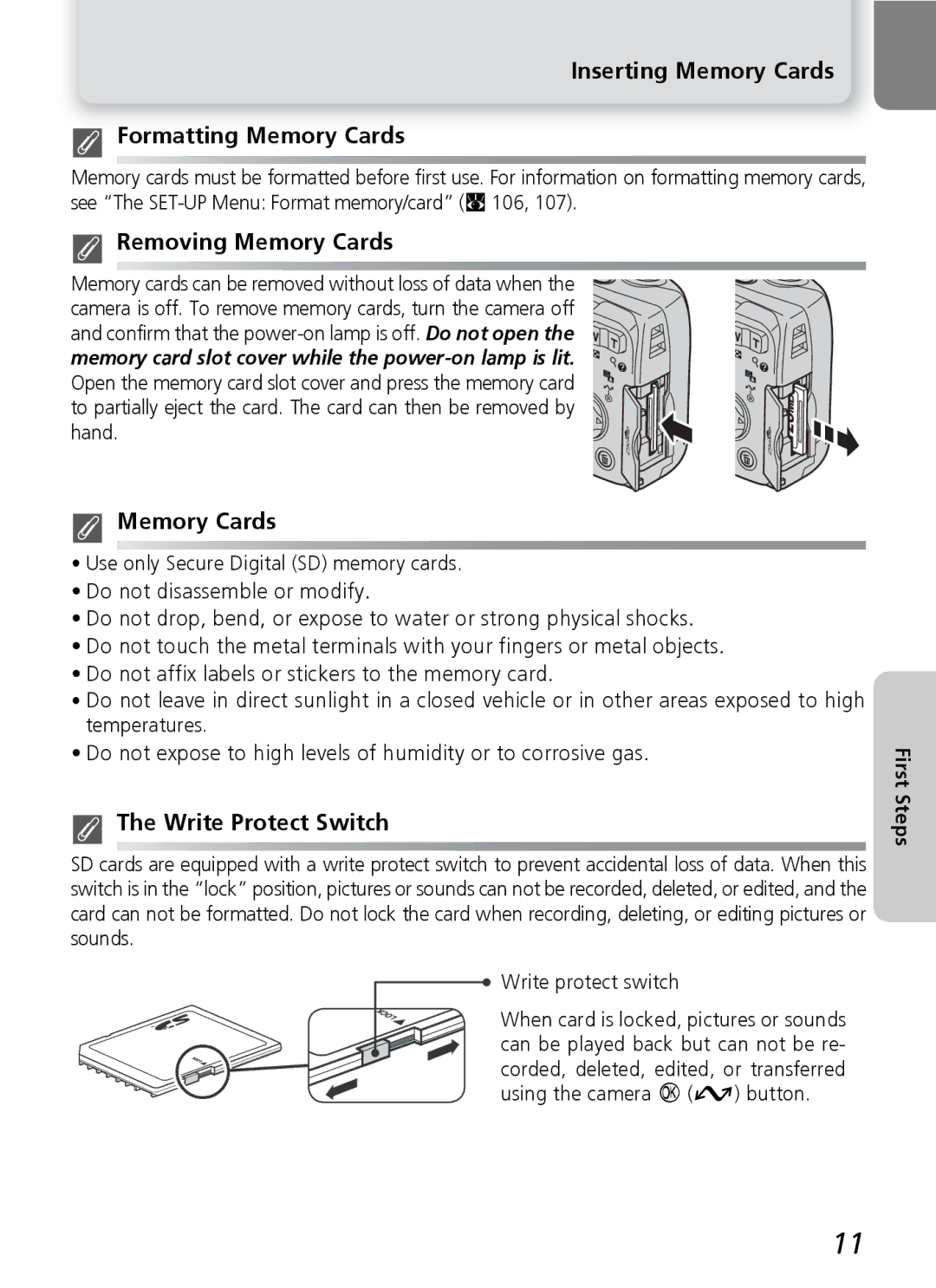 Nikon 7600 manual Inserting Memory Cards Formatting Memory Cards, Removing Memory Cards, Write Protect Switch 