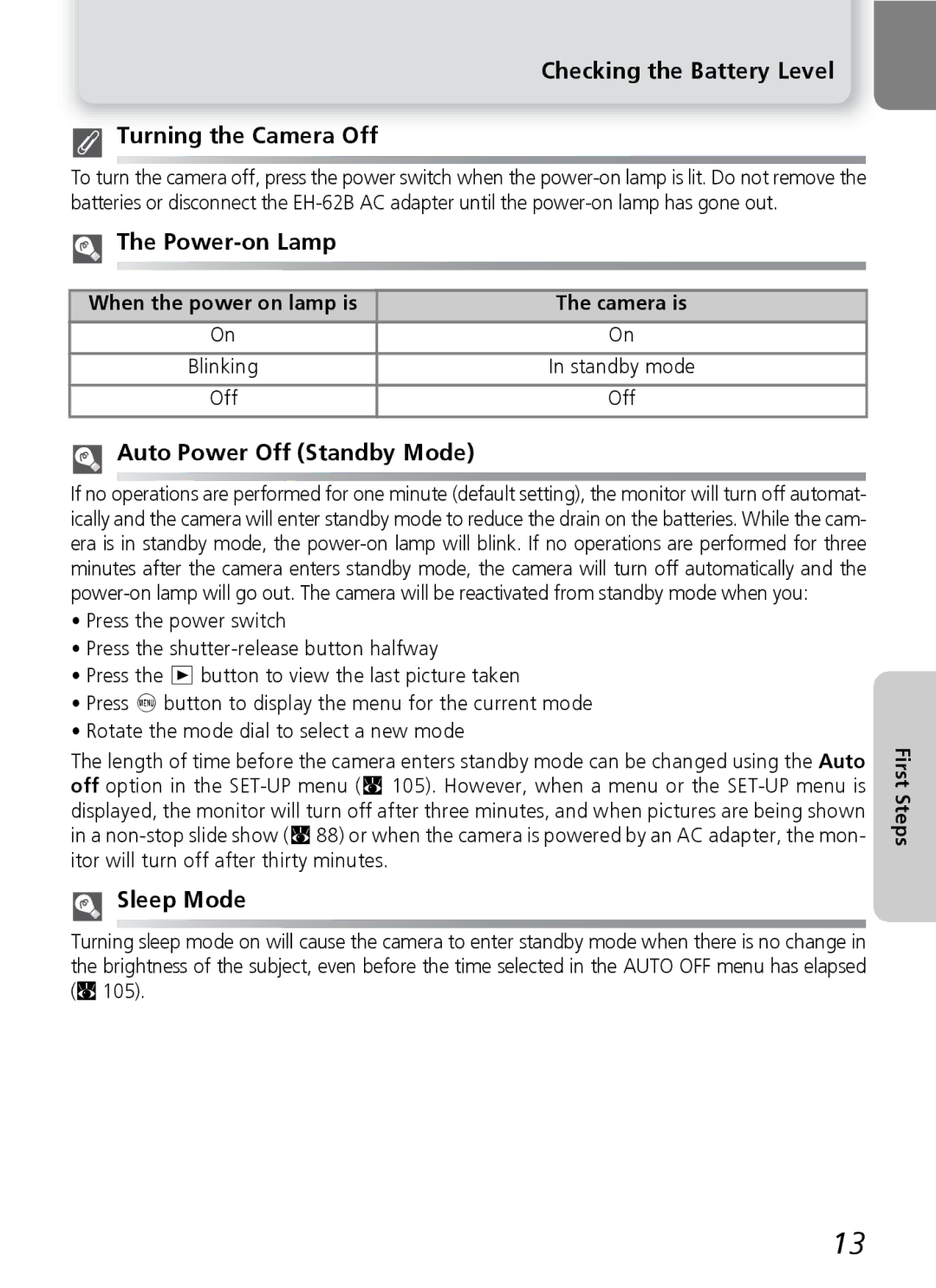 Nikon 7600 manual Checking the Battery Level Turning the Camera Off, Power-on Lamp, Auto Power Off Standby Mode, Sleep Mode 