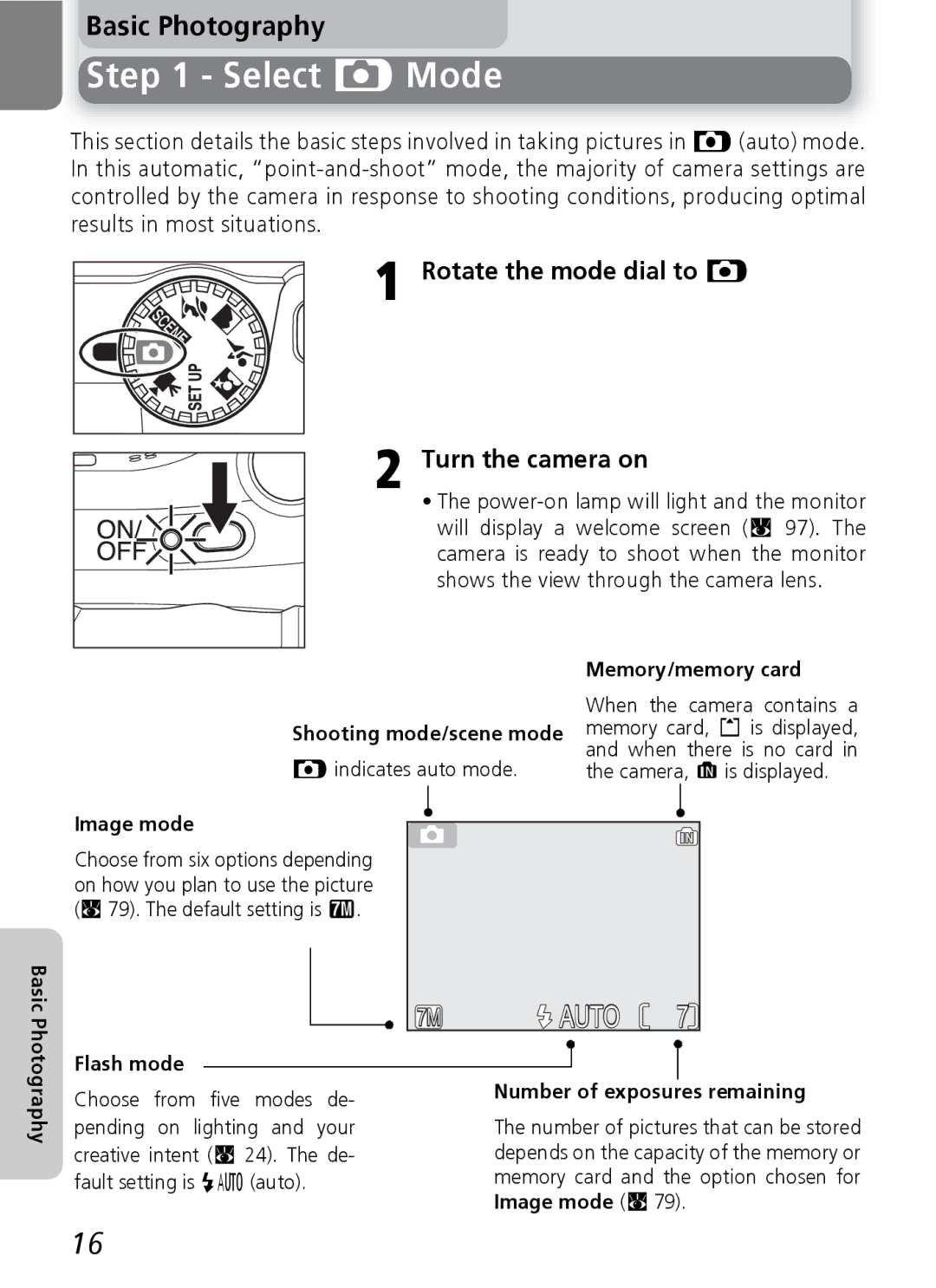 Nikon 7600 manual Select P Mode, Rotate the mode dial to P Turn the camera on 