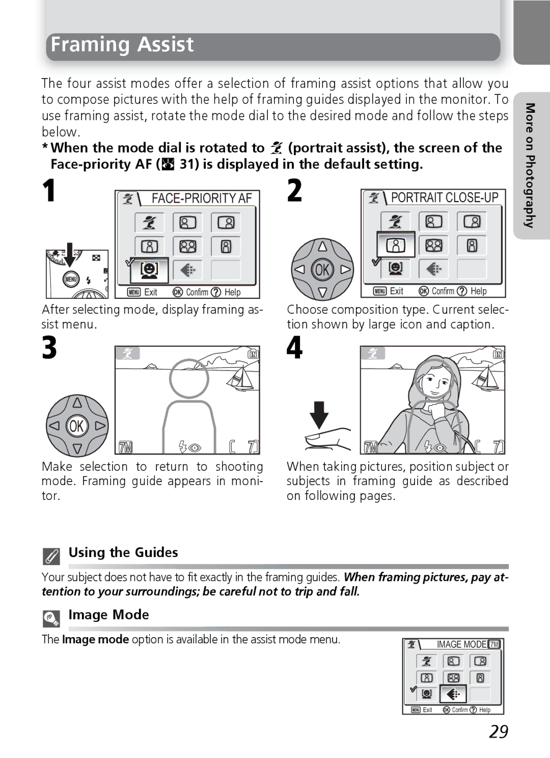 Nikon 7600 manual Framing Assist, After selecting mode, display framing as- sist menu, Portrait CLOSE-UP, Using the Guides 