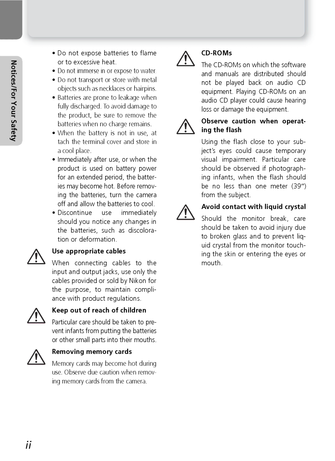 Nikon 7600 manual Use appropriate cables, Keep out of reach of children, Removing memory cards, CD-ROMs 