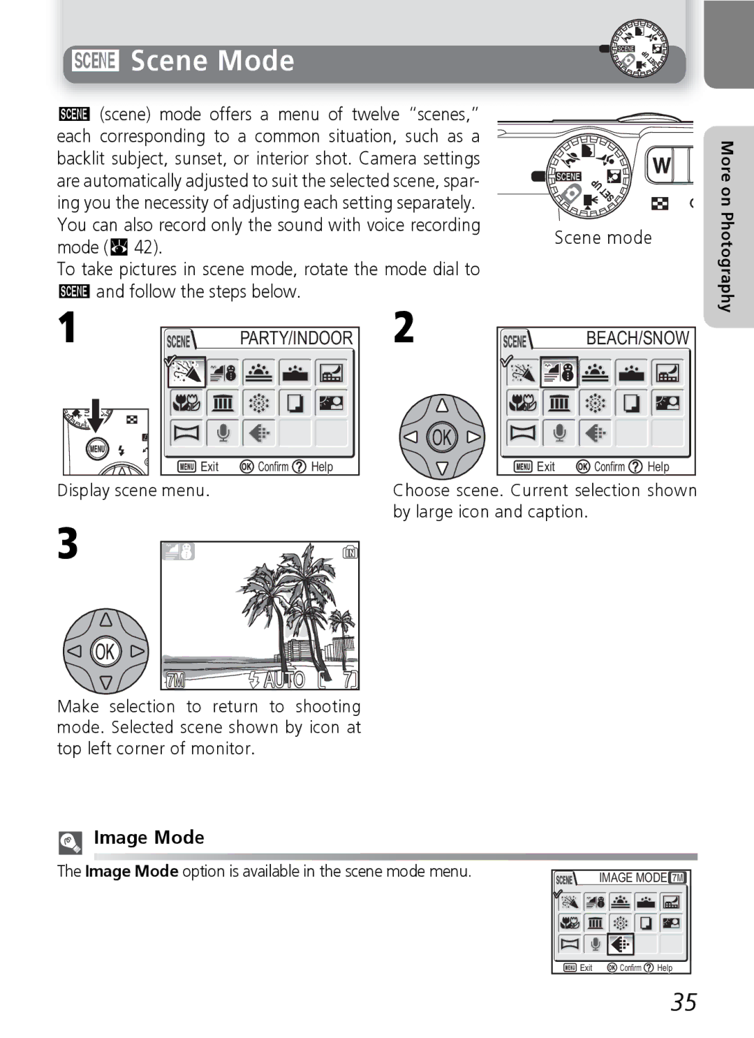 Nikon 7600 manual Scene Mode, Party/Indoor, Beach/Snow, Image Mode option is available in the scene mode menu 