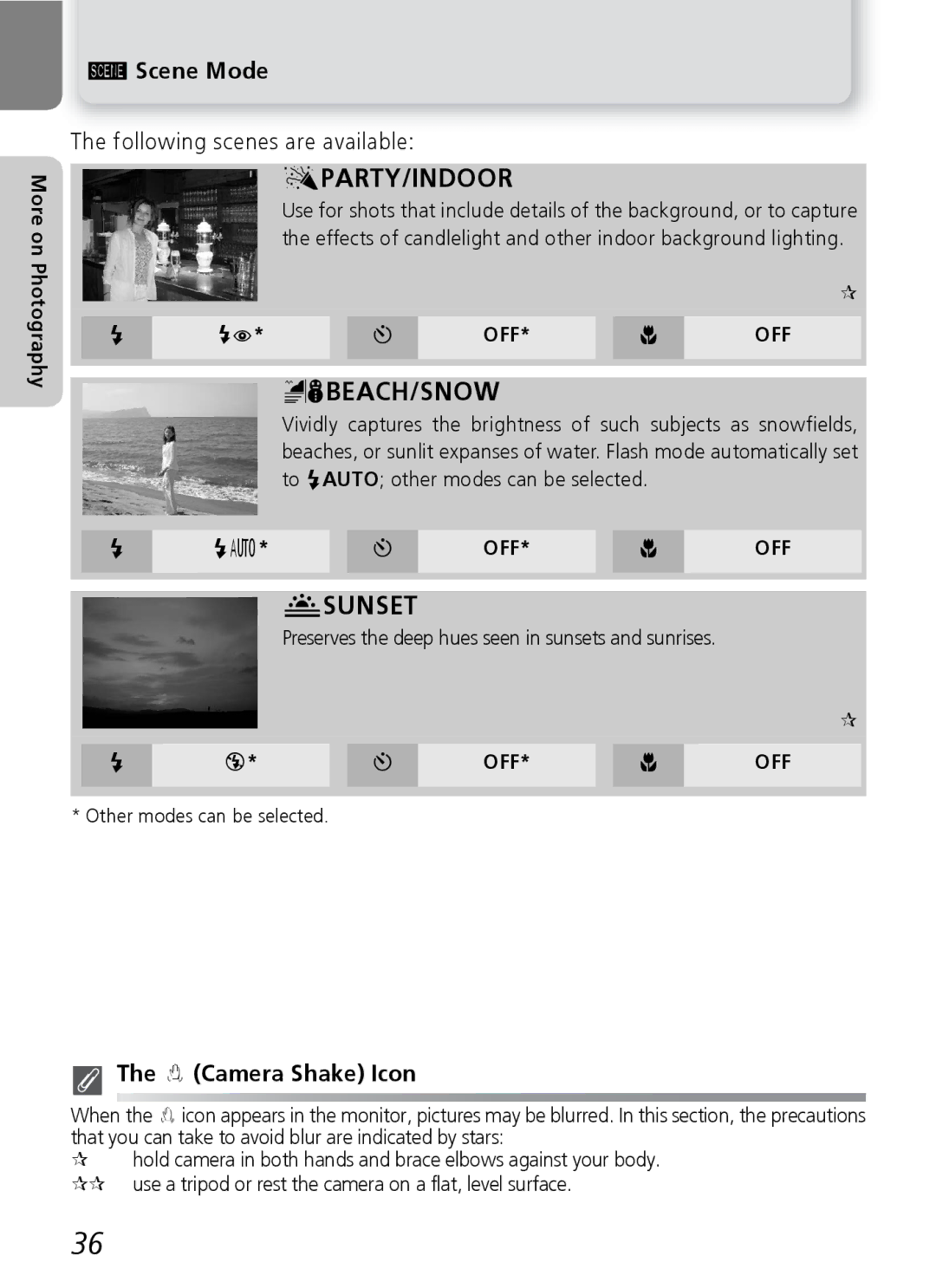 Nikon 7600 manual Scene Mode, Following scenes are available, Camera Shake Icon, Off* & Off 