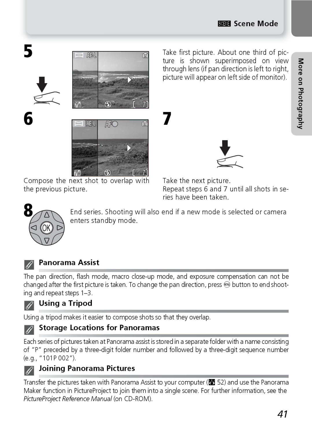 Nikon 7600 manual Panorama Assist, Using a Tripod, Storage Locations for Panoramas, Joining Panorama Pictures 