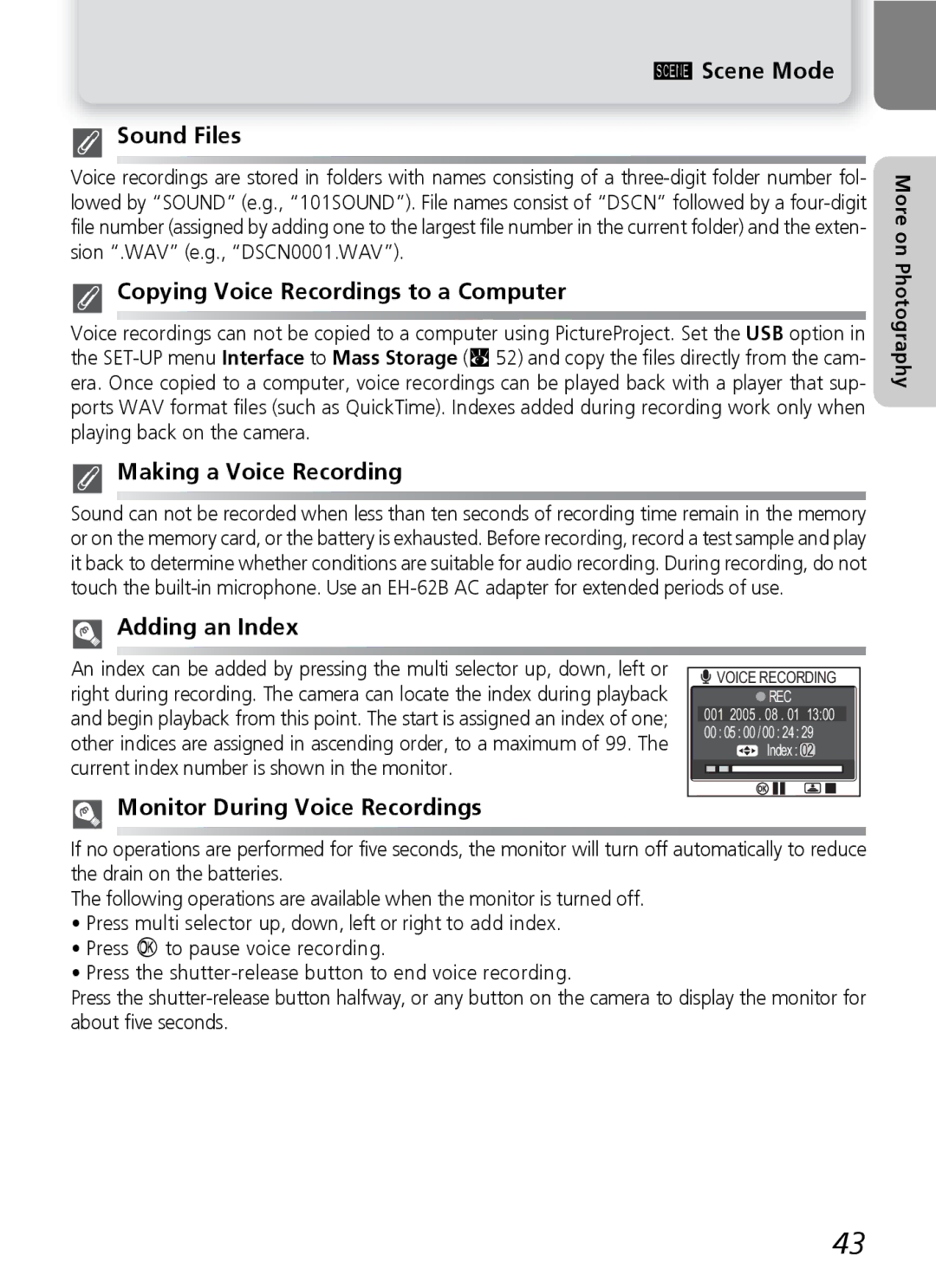 Nikon 7600 manual Scene Mode Sound Files, Copying Voice Recordings to a Computer, Making a Voice Recording, Adding an Index 