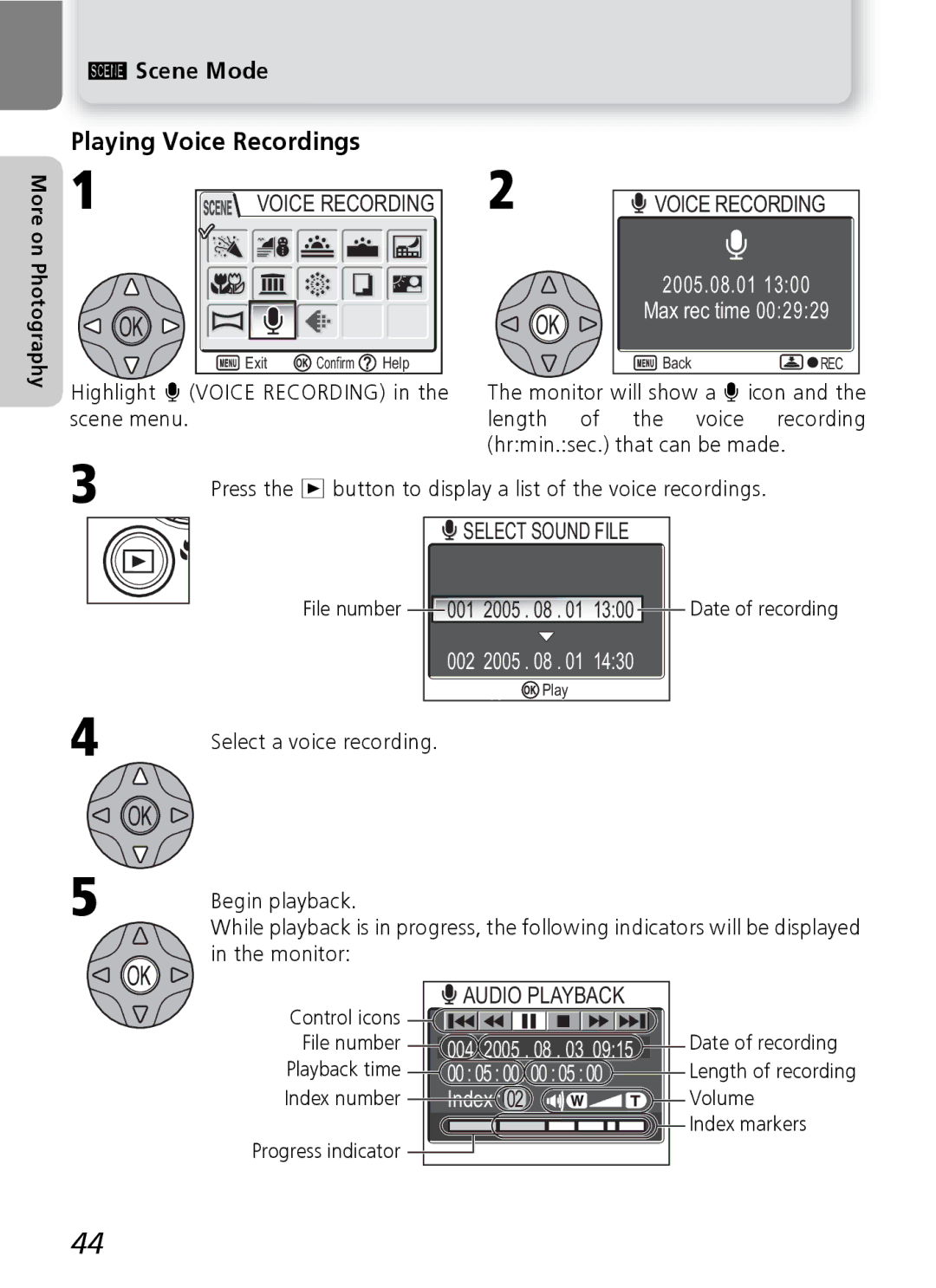 Nikon 7600 manual Playing Voice Recordings, Begin playback, Progress indicator, More on Photography 