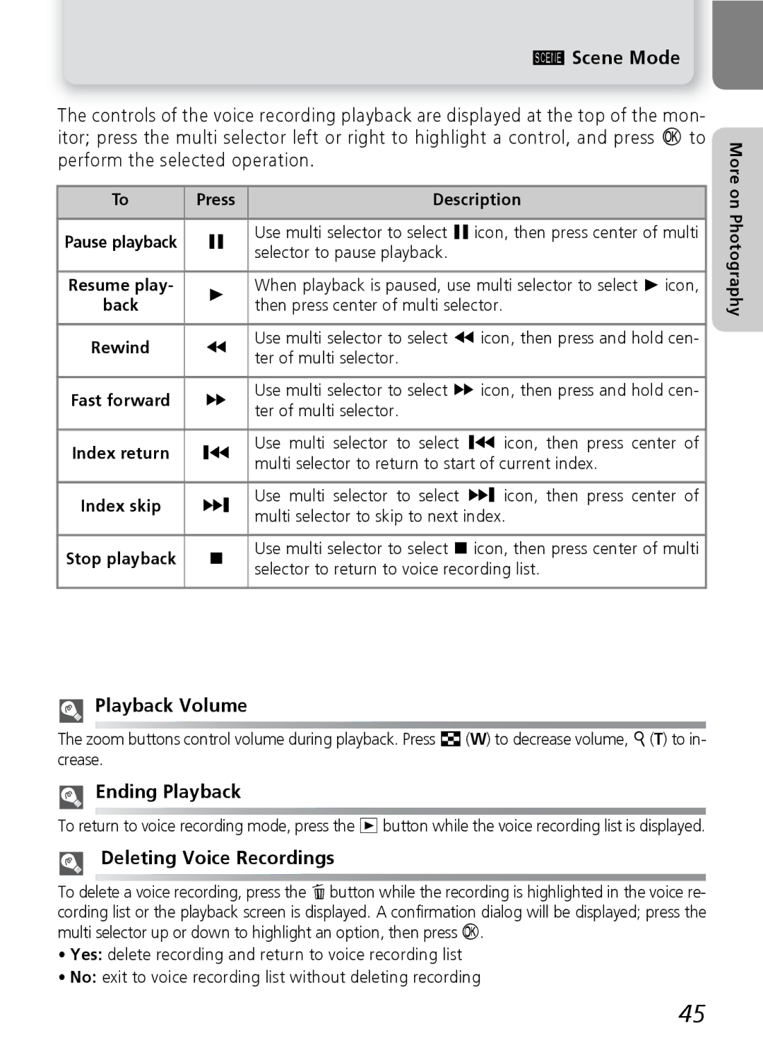 Nikon 7600 manual Playback Volume, Ending Playback, Deleting Voice Recordings 