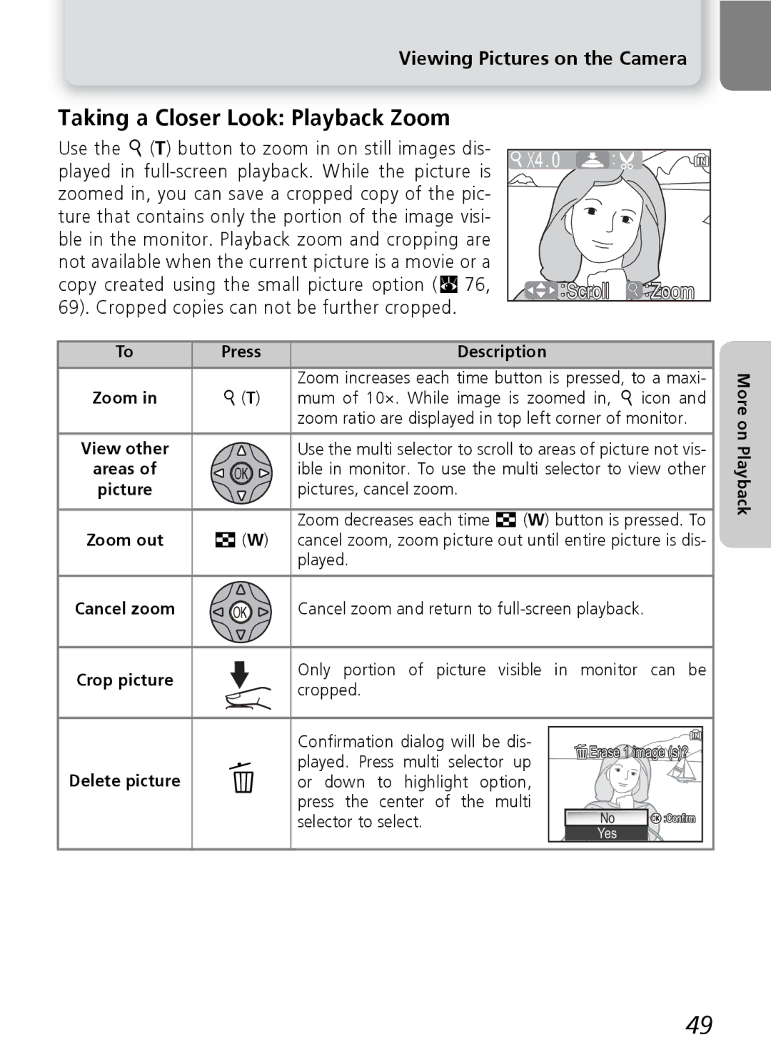 Nikon 7600 manual Viewing Pictures on the Camera, View other, Zoom out, Delete picture 