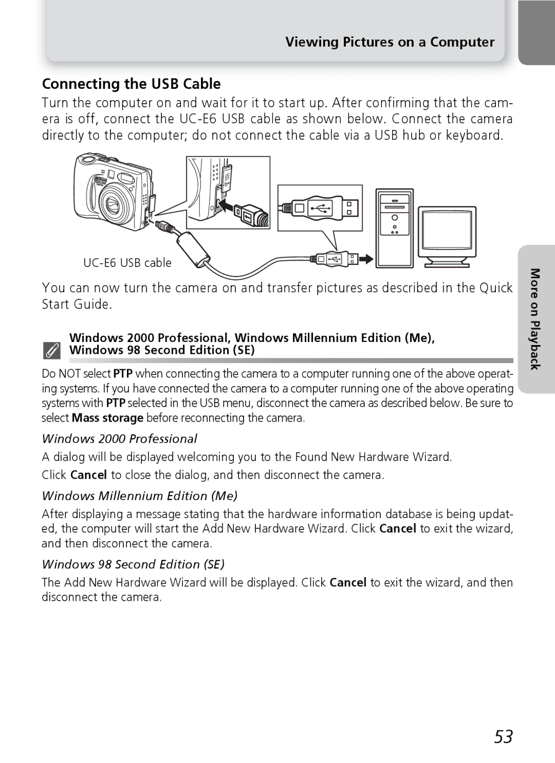 Nikon 7600 manual Connecting the USB Cable, Viewing Pictures on a Computer, UC-E6 USB cable 