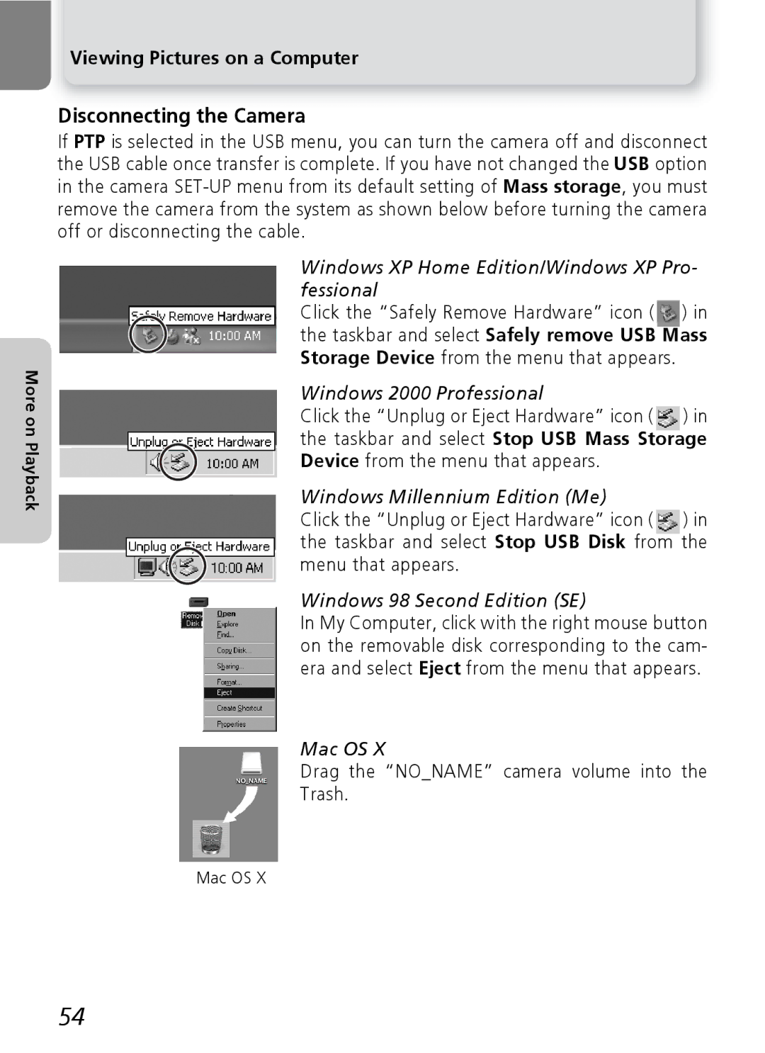 Nikon 7600 manual Disconnecting the Camera, Drag the Noname camera volume into Trash, Mac OS 