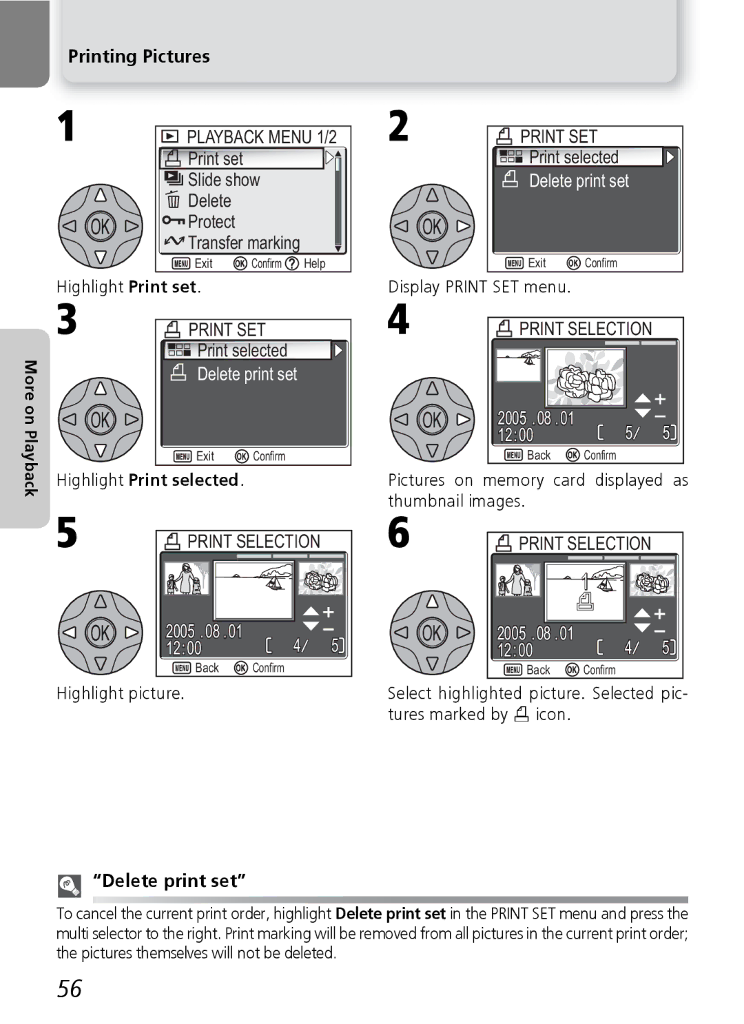 Nikon 7600 manual Printing Pictures, Playback Menu 1/2, Print SET, Highlight Print selected, Delete print set 