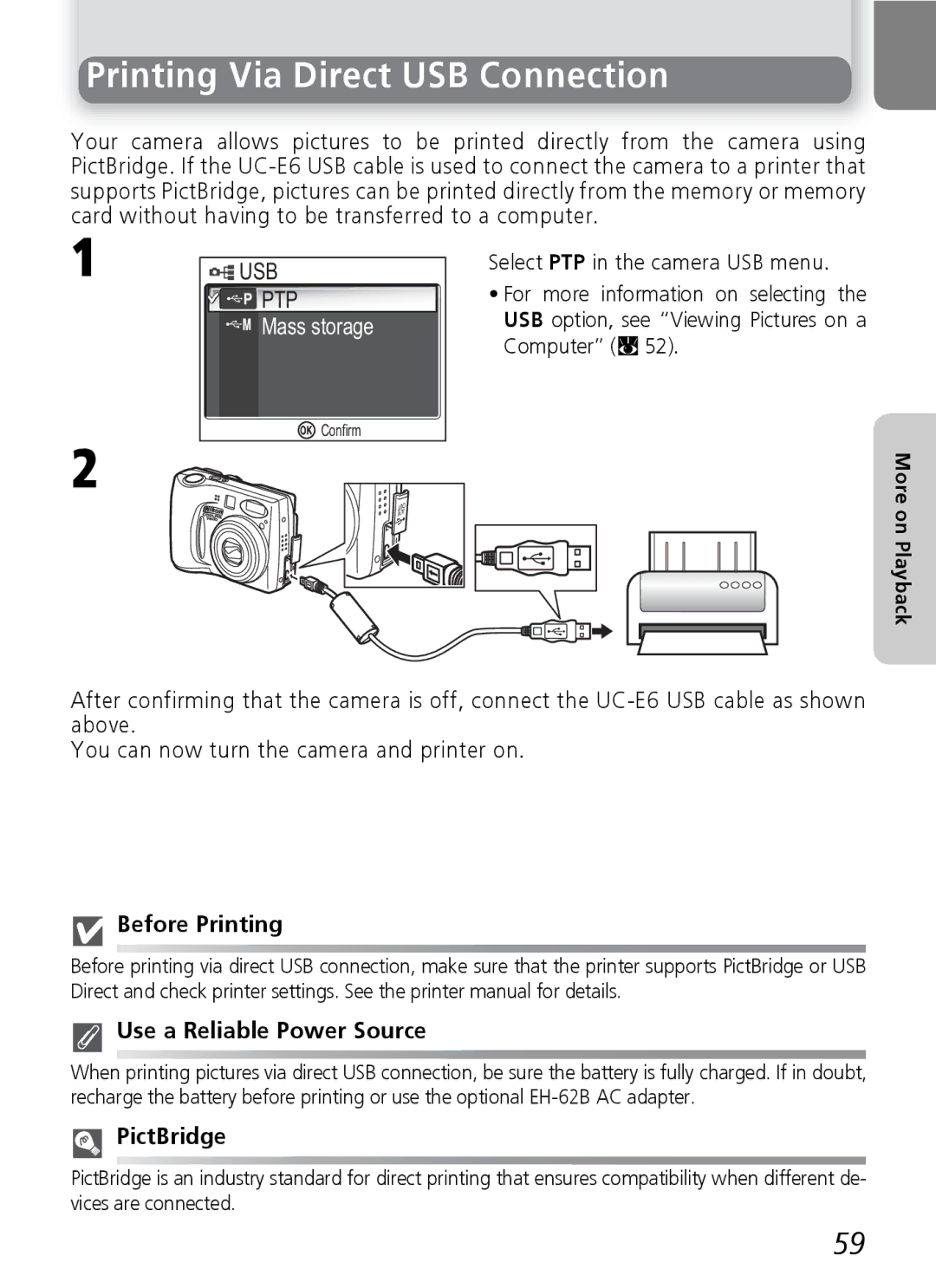 Nikon 7600 manual Printing Via Direct USB Connection, Before Printing, Use a Reliable Power Source, PictBridge 