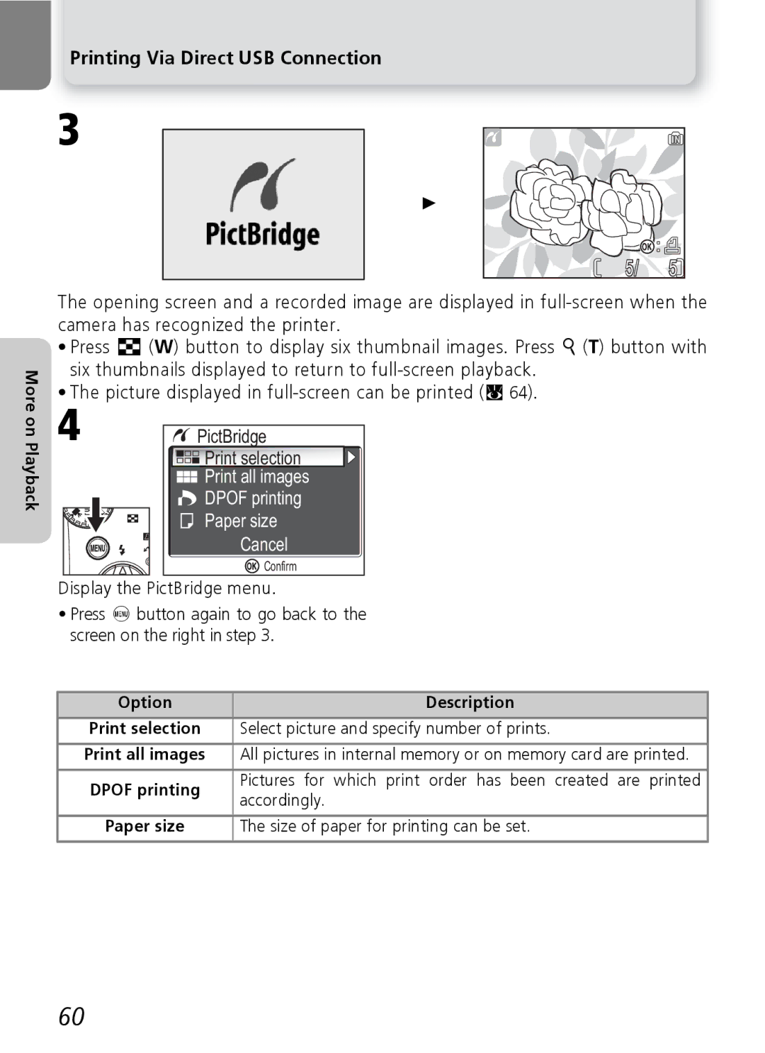 Nikon 7600 manual Printing Via Direct USB Connection, Paper size, Cancel, Display the PictBridge menu 