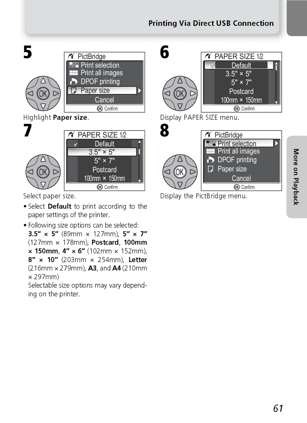 Nikon 7600 manual Print selection Print all images Dpof printing, Print all images Dpof printing Paper size Cancel 