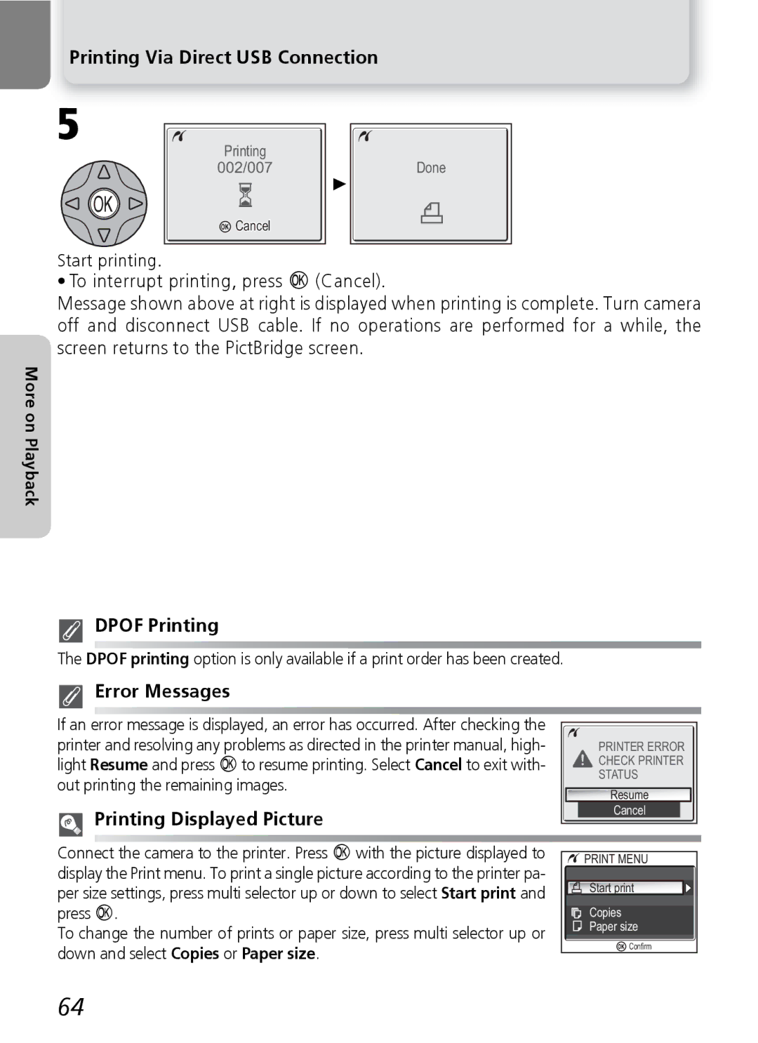 Nikon 7600 manual Dpof Printing, Error Messages, Printing Displayed Picture 